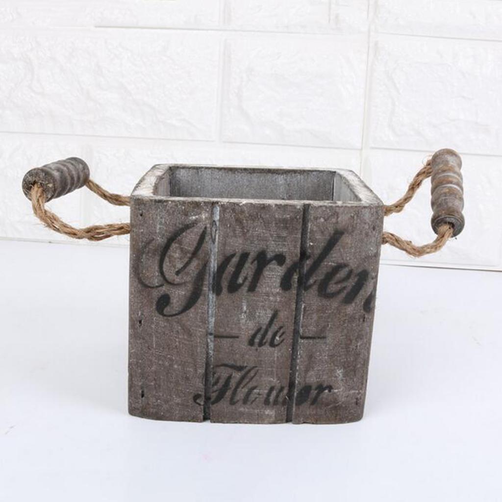 Vintage Wood Bucket Shabby Chic Flower Pots Garden Planter Pot Square Brown