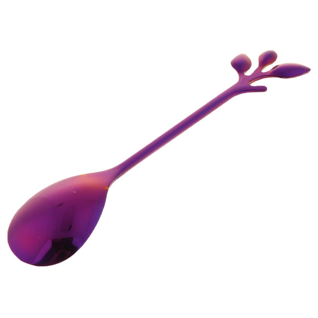 Leaf Pattern Stainless Steel Tea Coffee Spoon Tableware Colorful Purple