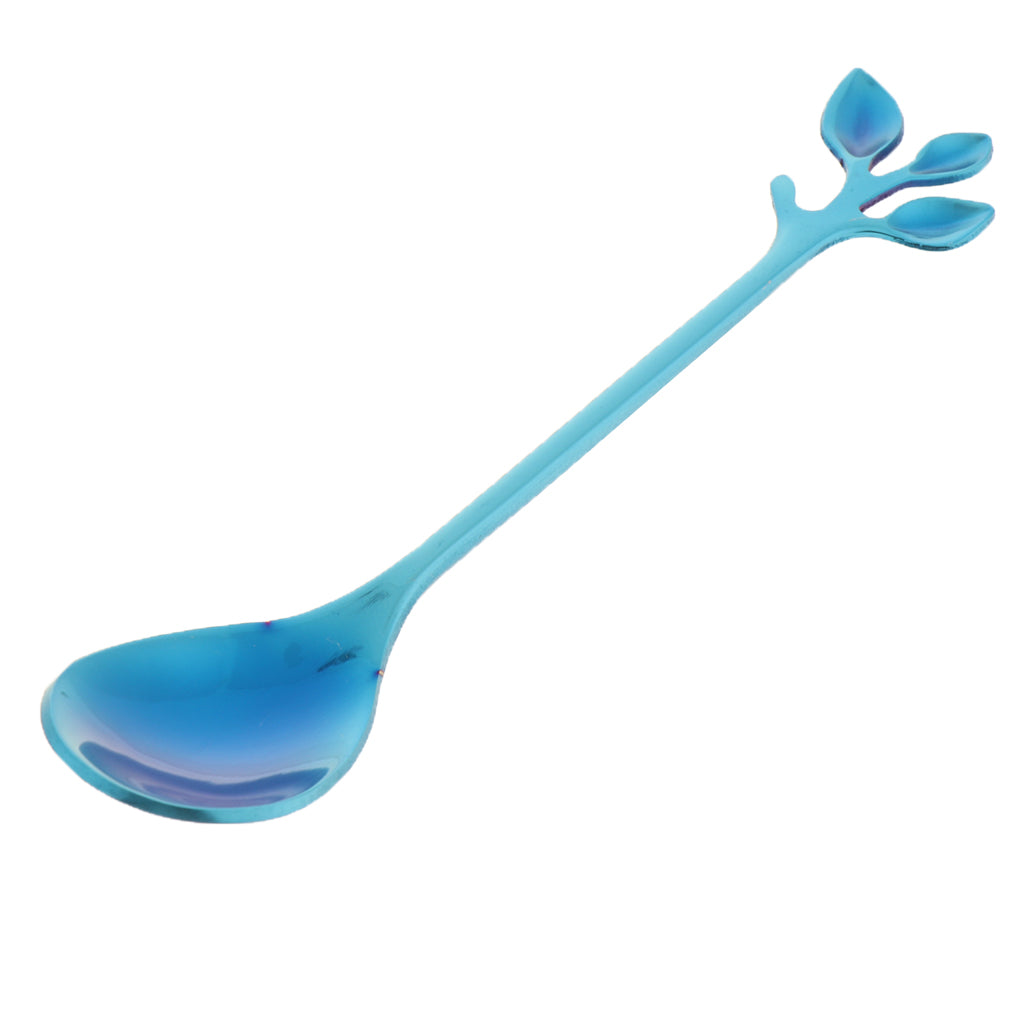 Leaf Pattern Stainless Steel Tea Coffee Spoon Tableware Colorful Blue