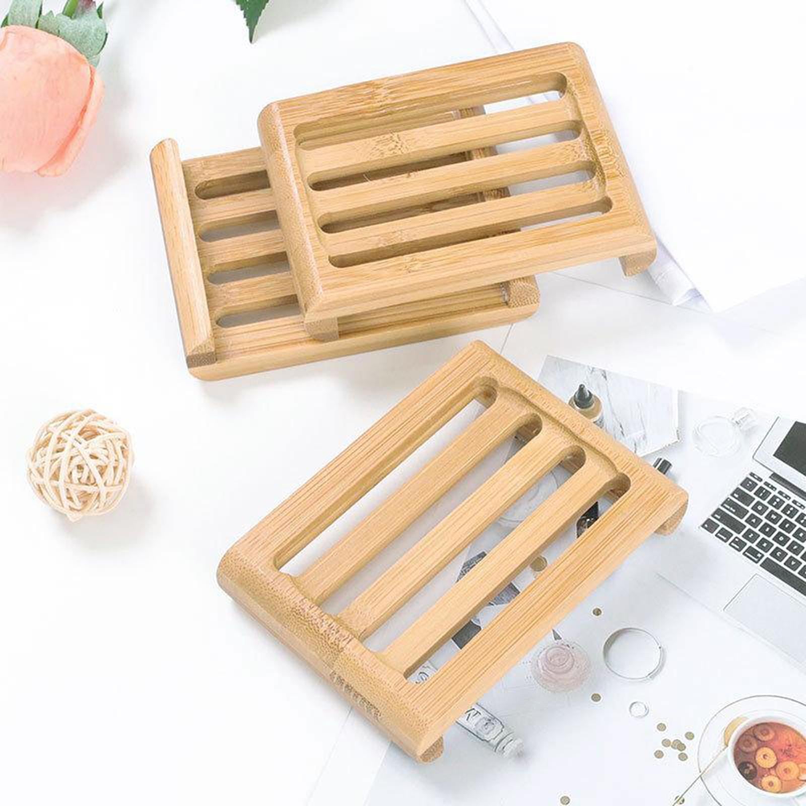 2xSoap Rack Tray Soap Holder Bamboo Dish Plate for Bath Kitchen Round
