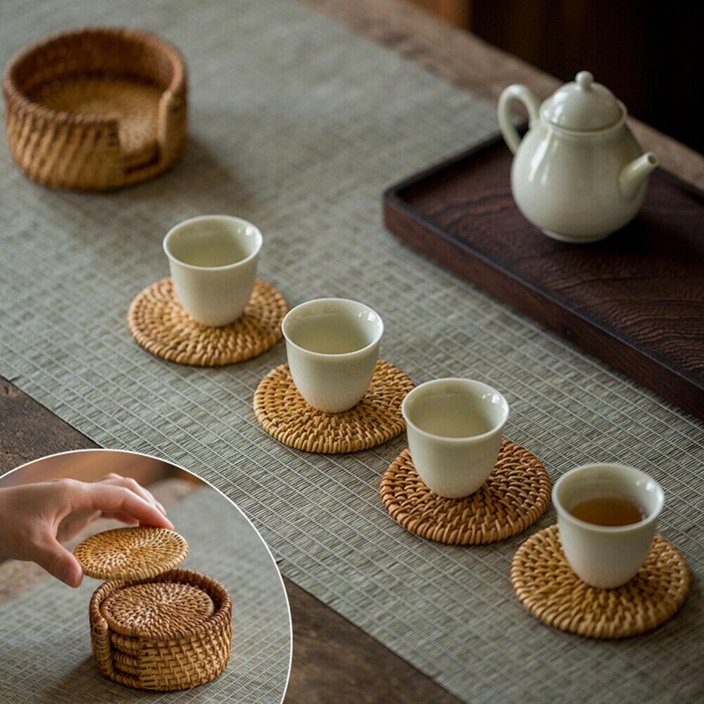4xHeat Insulation Round Coaster Handmade Rattan Placemat for Coffee Mugs Cups 13cm