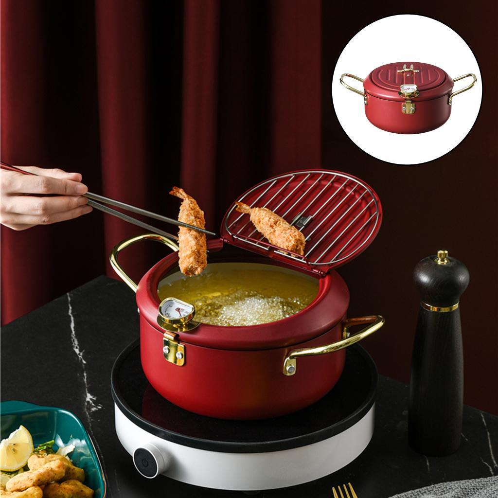 Deep Frying Pot Japanese Tempura Fryer Pan Kitchen Cookware 20cm Wine Red