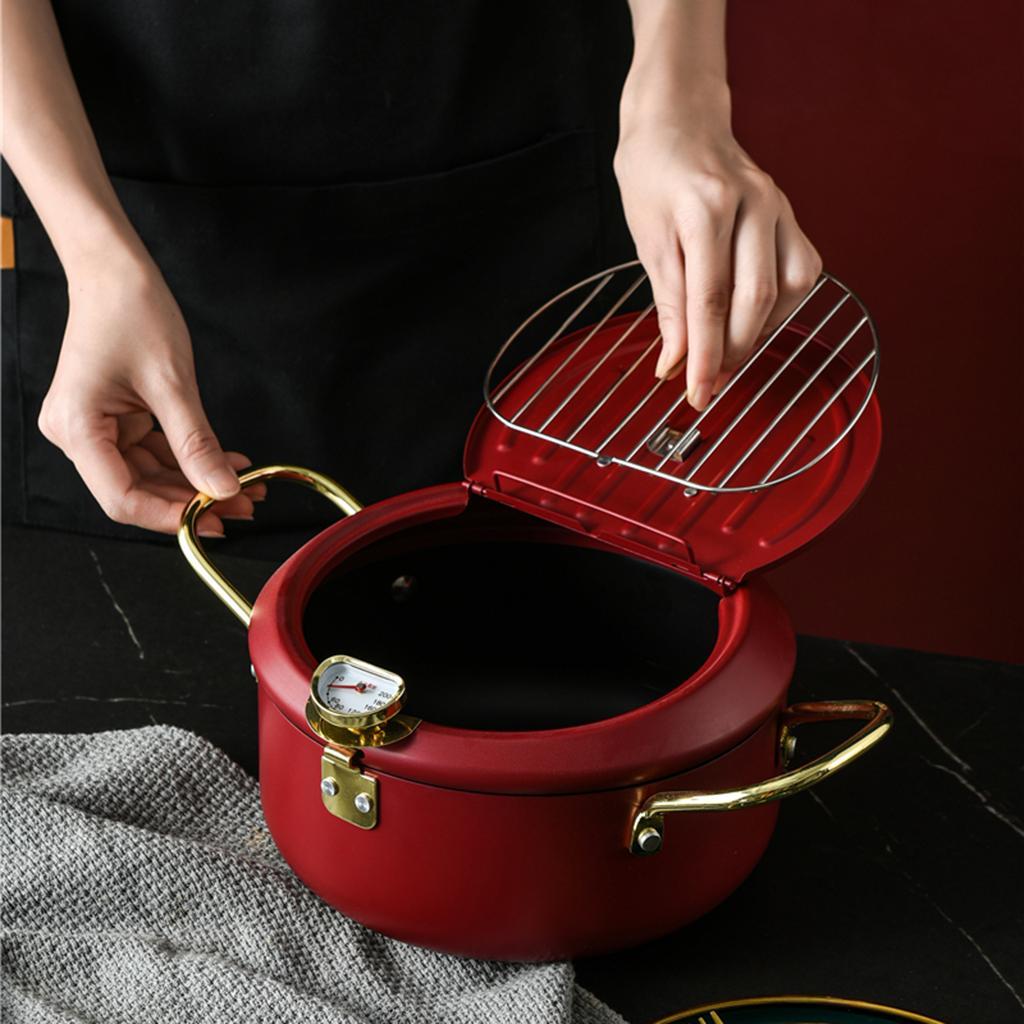 Deep Frying Pot Japanese Tempura Fryer Pan Kitchen Cookware 20cm Wine Red