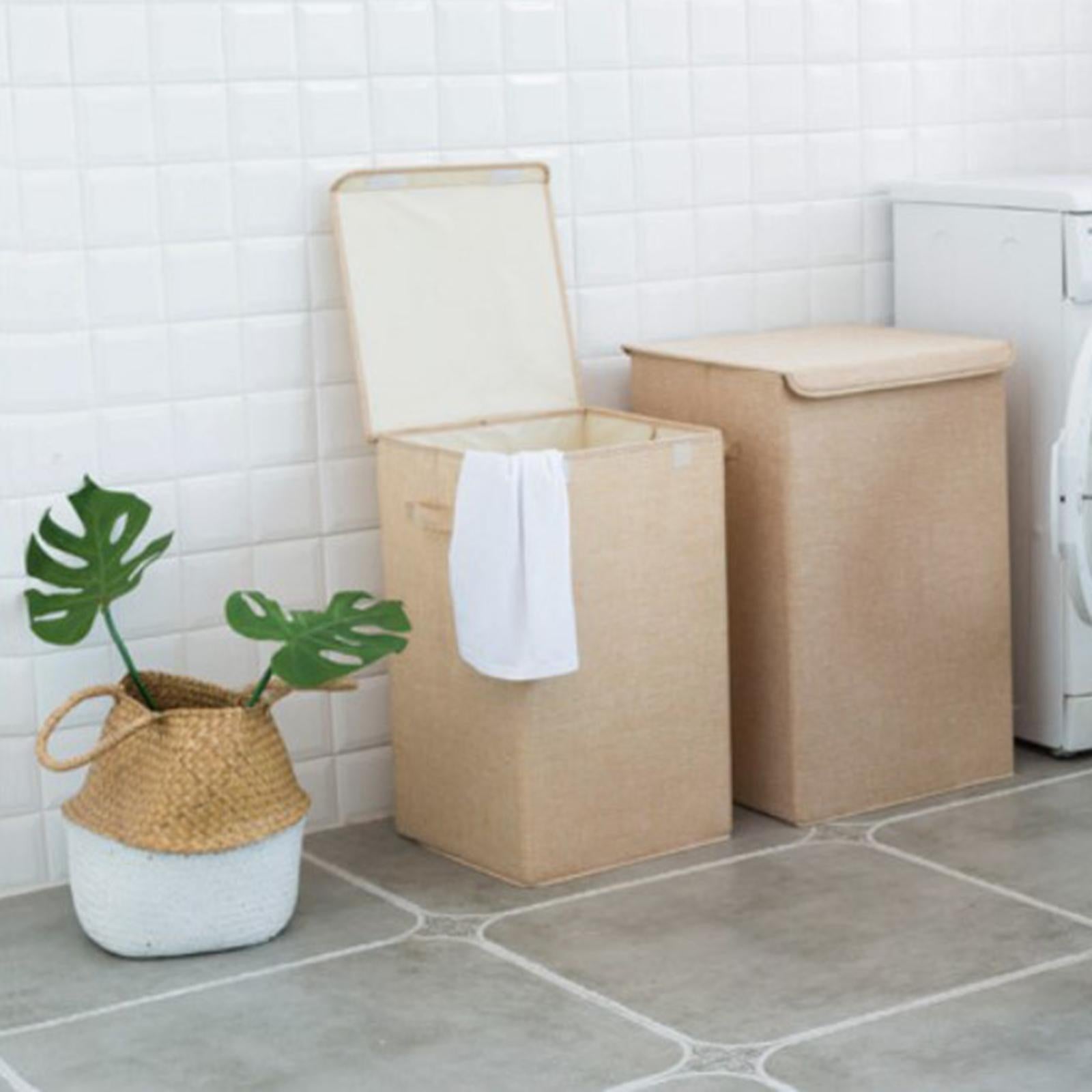 Collapsible Laundry Hamper Basket with Cover Throws Towels Box Beige S