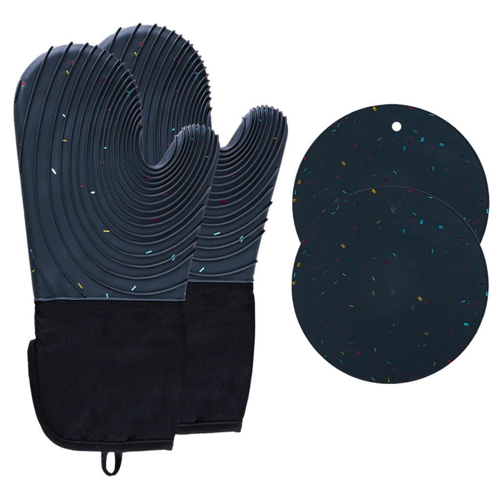 Creative Kitchen Oven Mittens Water Waterproof Mitts Heat Insulation Gloves Dark Blue with Pad