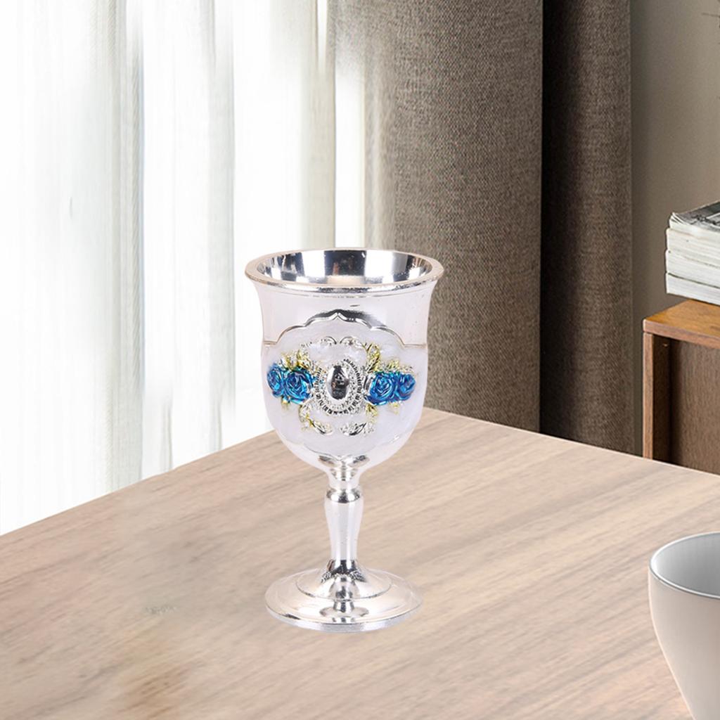 3xMetal Wine Goblet, Carving Pattern Handmade Cup Bar Dinners Parties Decor Blue flower Silver white