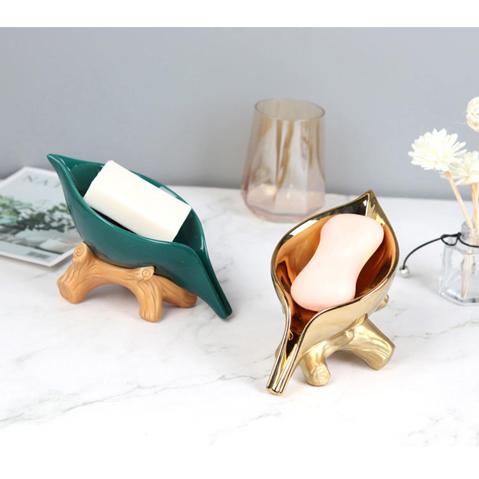 Ceramic Leaf Soap Dish Soap Saver Soap Tray for Kitchen Bathroom Gold