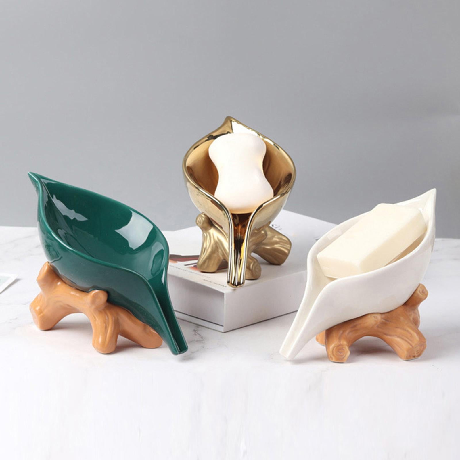 Ceramic Leaf Soap Dish Soap Saver Soap Tray for Kitchen Bathroom Gold