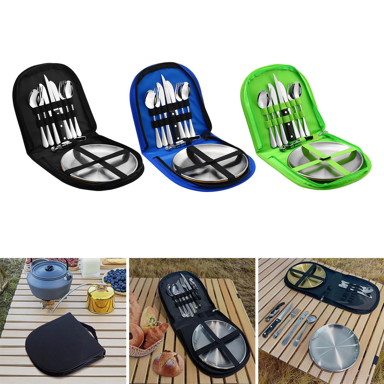 10 Pieces Picnic Family Cutlery Set with Travel Case for Barbecue Hiking Black