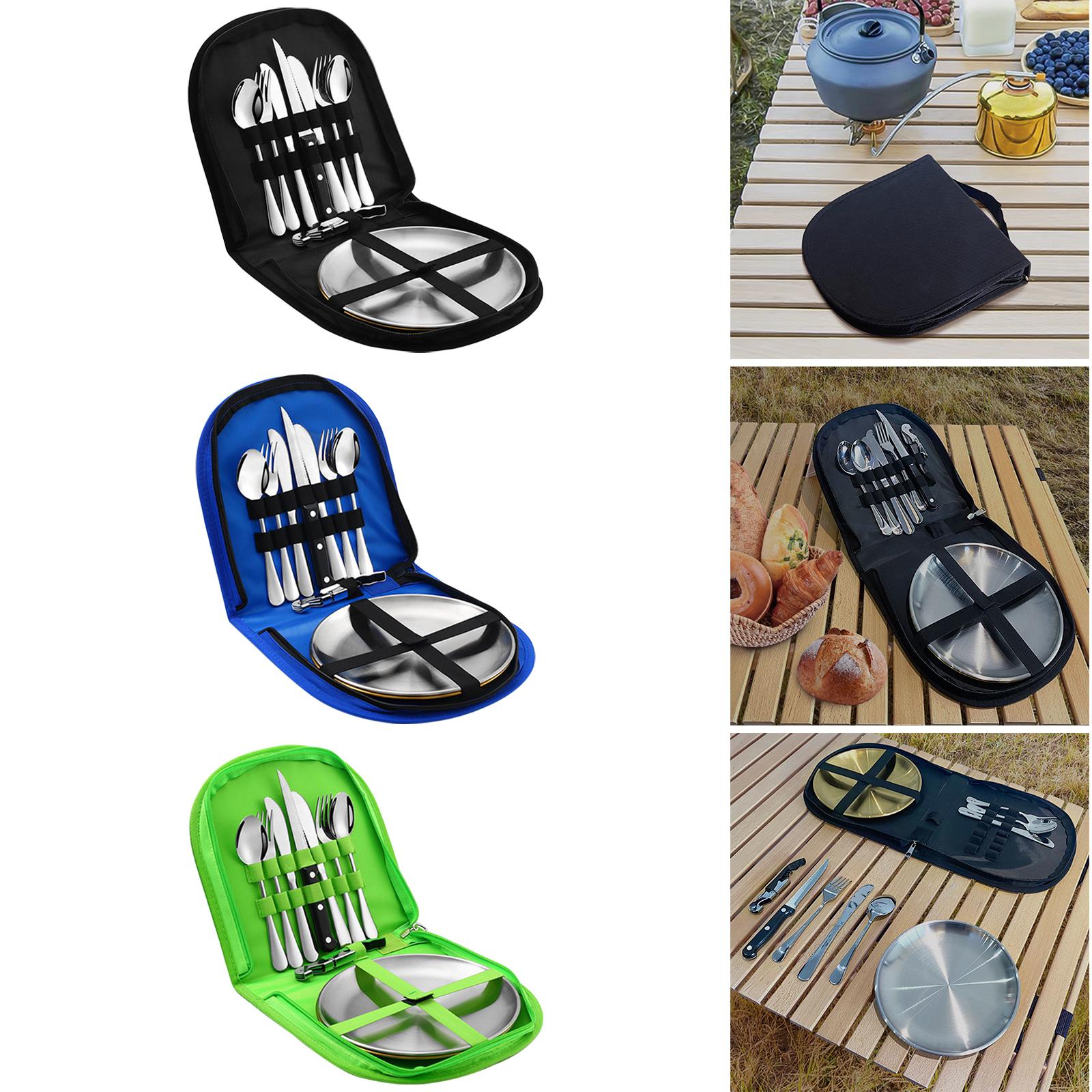 10 Pieces Picnic Family Cutlery Set with Travel Case for Barbecue Hiking Black