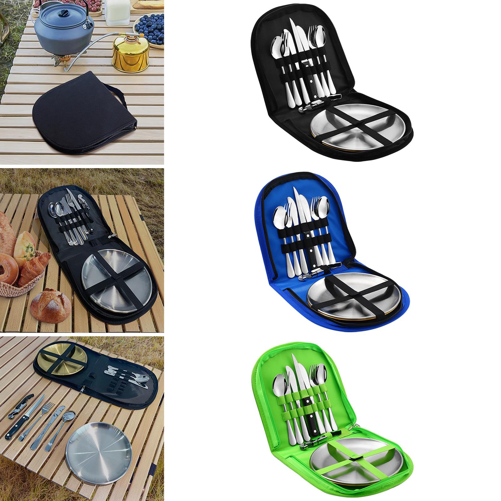 10 Pieces Picnic Family Cutlery Set with Travel Case for Barbecue Hiking Black
