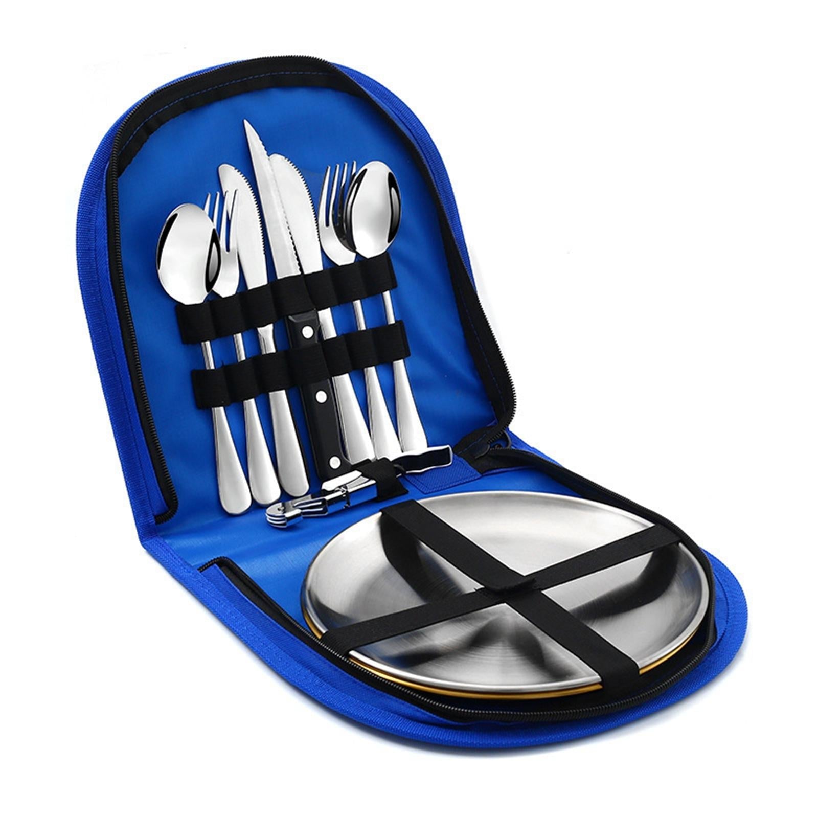 10 Pieces Picnic Family Cutlery Set with Travel Case for Barbecue Hiking Blue