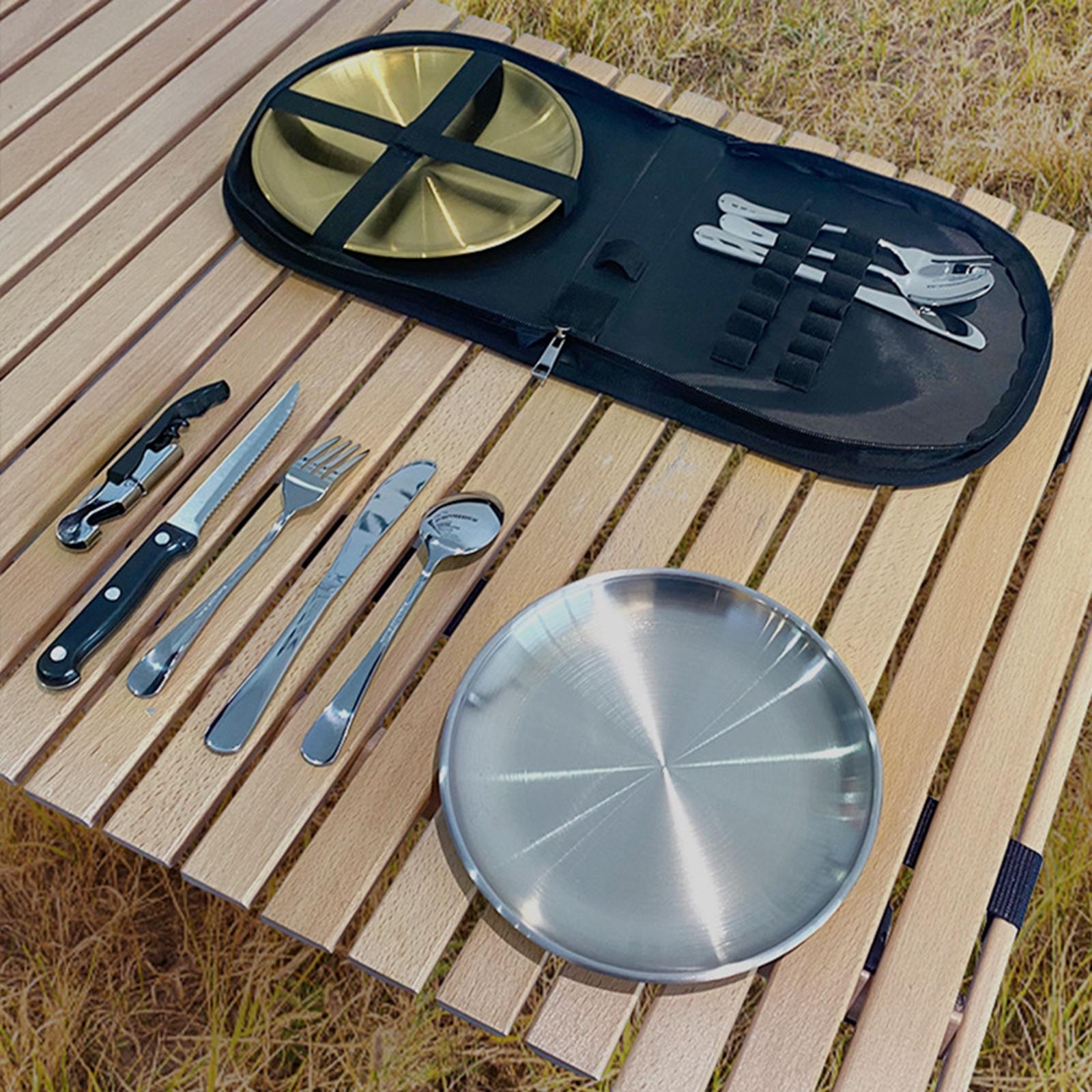 10 Pieces Picnic Family Cutlery Set with Travel Case for Barbecue Hiking Blue
