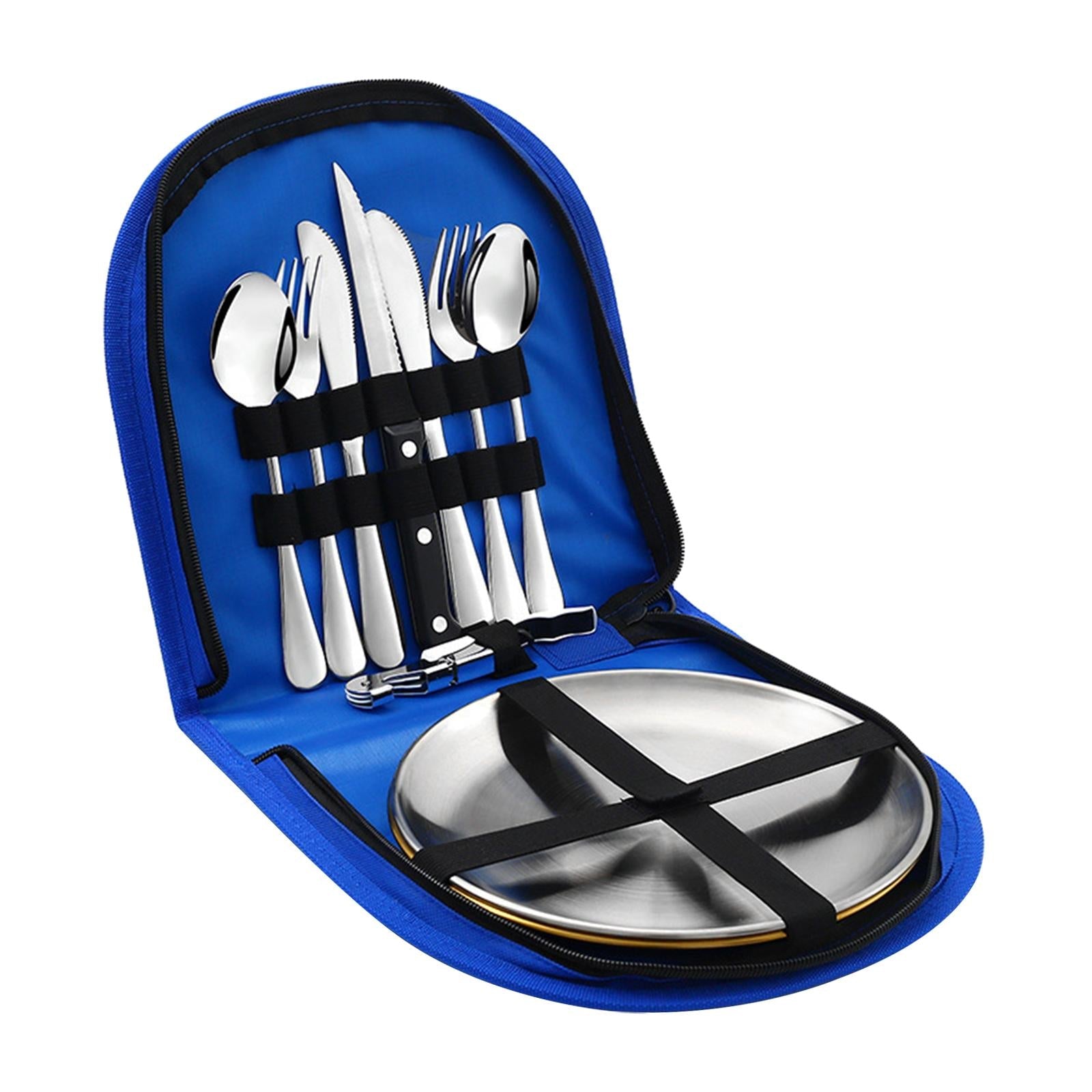 10 Pieces Picnic Family Cutlery Set with Travel Case for Barbecue Hiking Blue