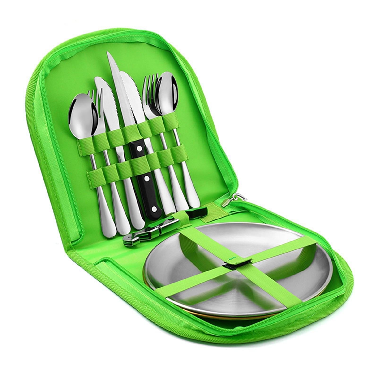 10 Pieces Picnic Family Cutlery Set with Travel Case for Barbecue Hiking Green