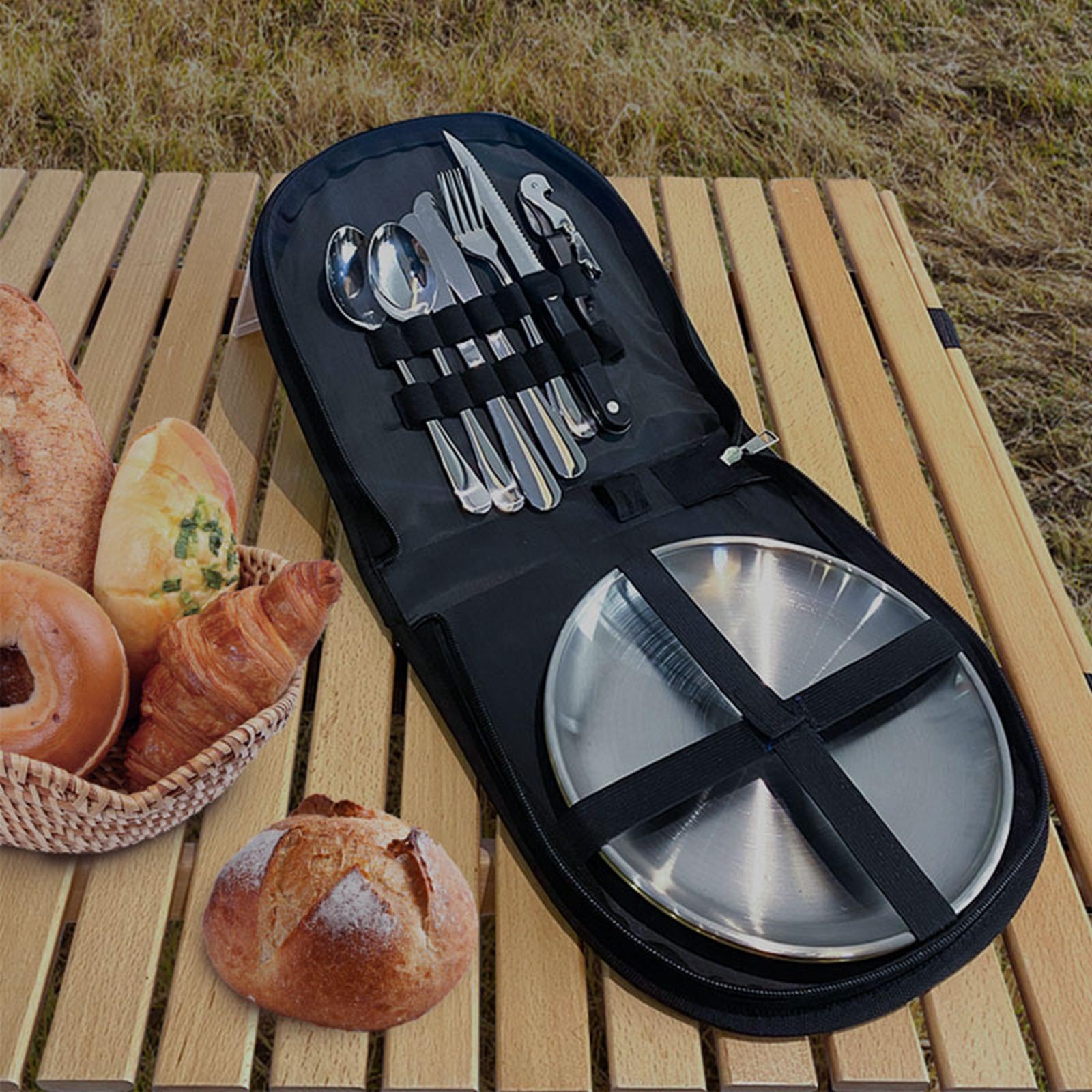10 Pieces Picnic Family Cutlery Set with Travel Case for Barbecue Hiking Green