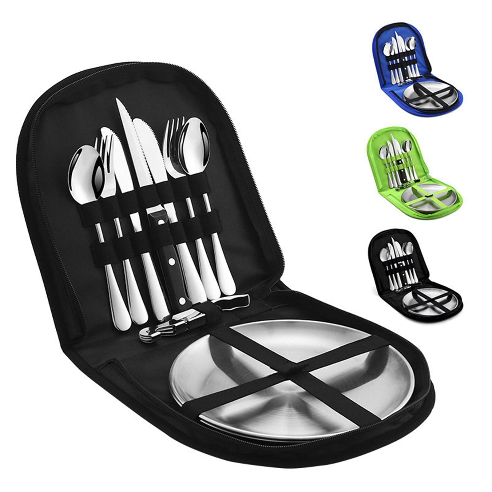 10 Pieces Picnic Family Cutlery Set with Travel Case for Barbecue Hiking Green