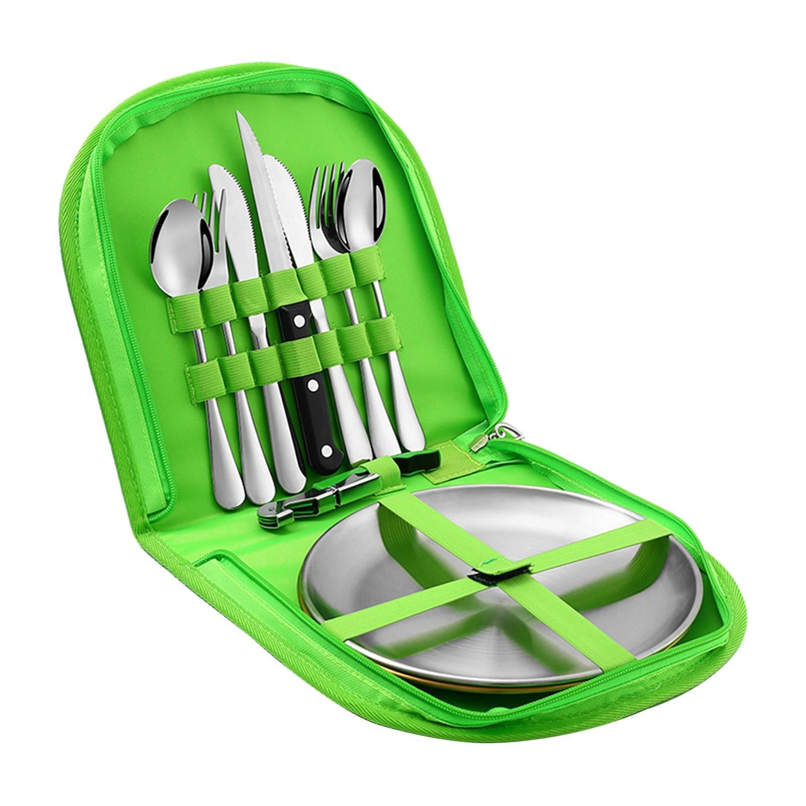 10 Pieces Picnic Family Cutlery Set with Travel Case for Barbecue Hiking Green