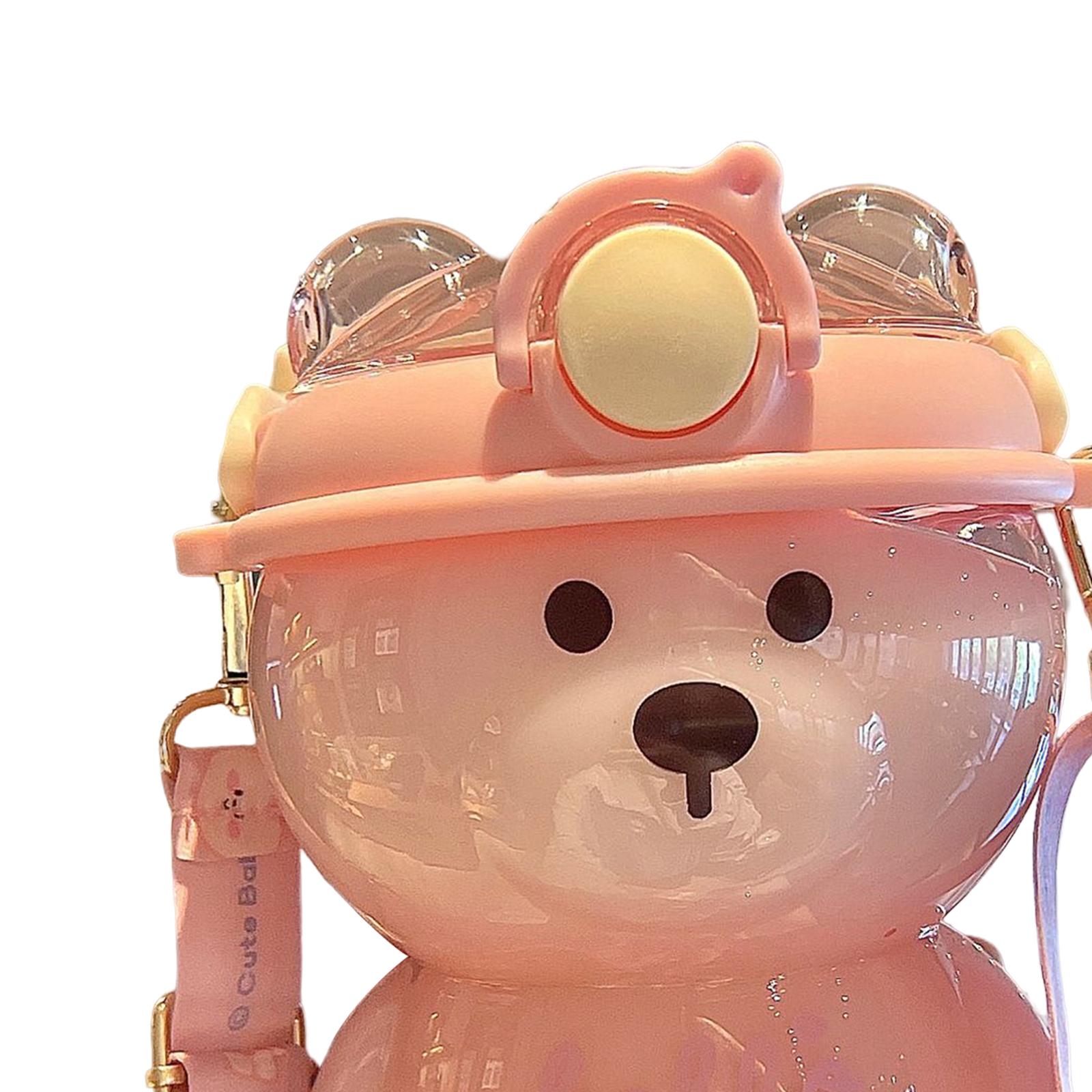 1000ml Cute Water Bottle with Straw Bear Shape for Office Travel Girls Pink