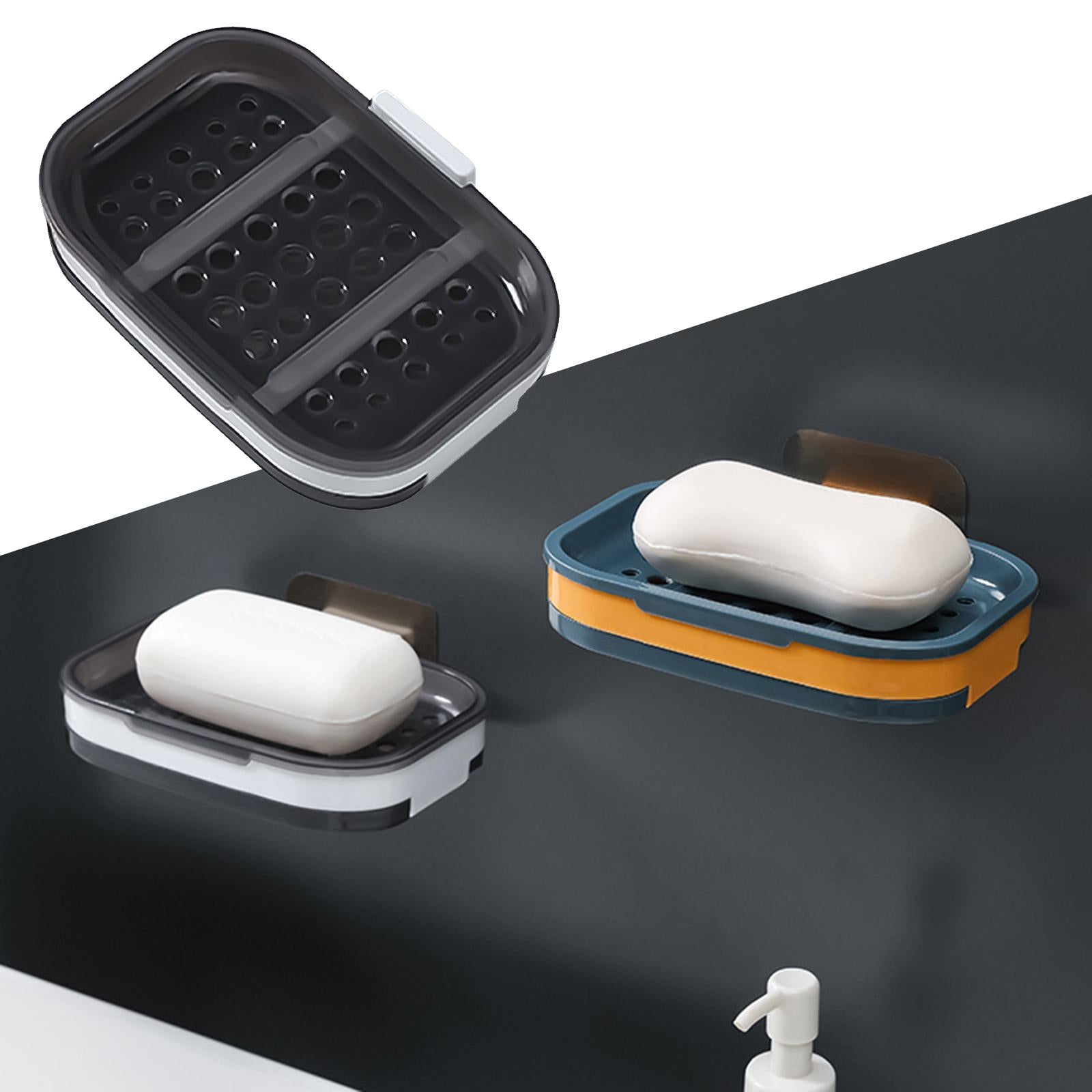 2xSoap Dishes Soap Box Dish with Drain Hole and Tray No Punch for Sink Grey