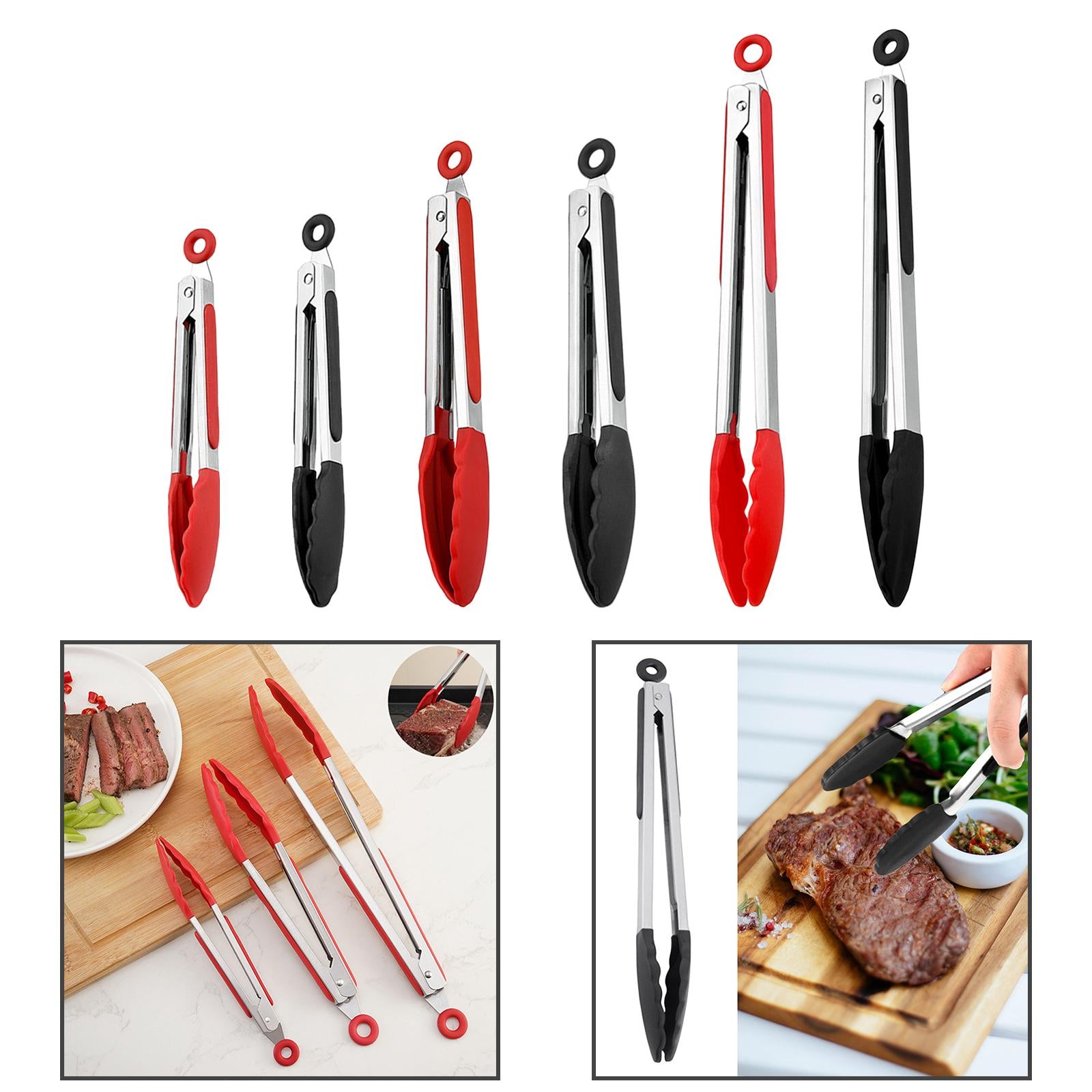 2xFood Tongs Nonstick Multifunctional Heavy Duty Stainless Steel Cooking Tongs 7inch Red