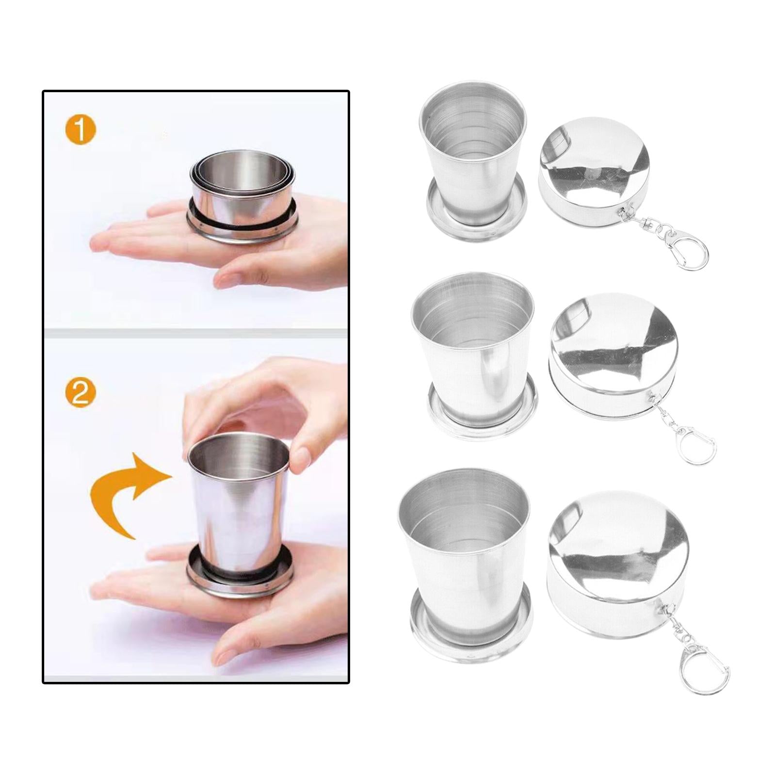 3xCamping Folding Cup with Keychain Telescopic Mug Stainless Steel Camping Mug S