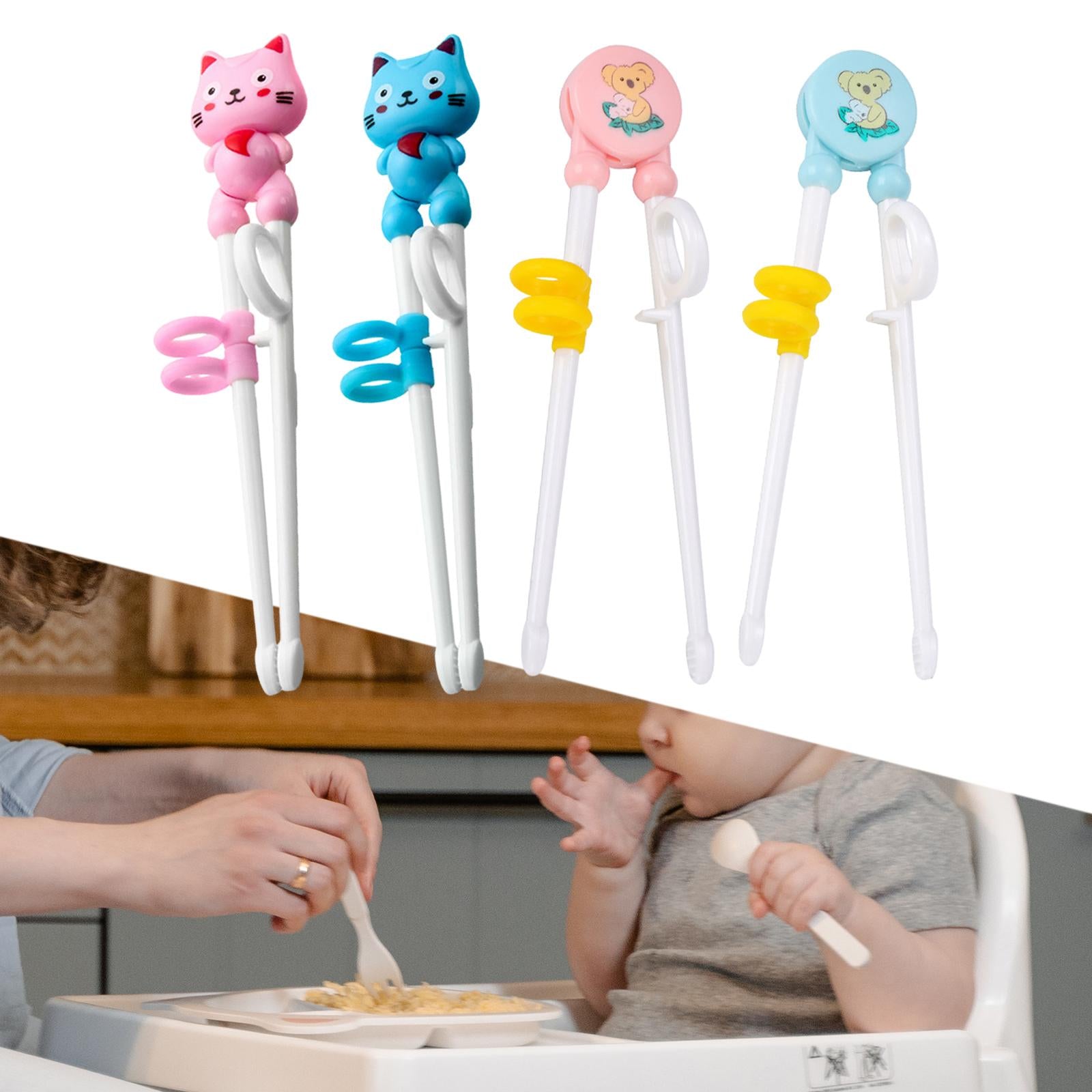 3xKid Training Chopsticks Cartoon with Positioning Rings Lightweight Anti Slip Cat Pink