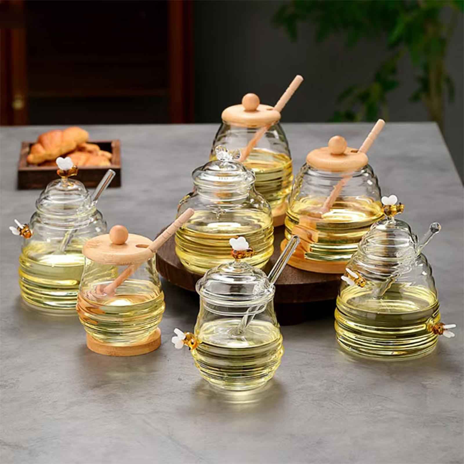 Glass Honey Dispenser Clear Honey Container for Wedding Kitchen Dining Table Round Cover 280ml