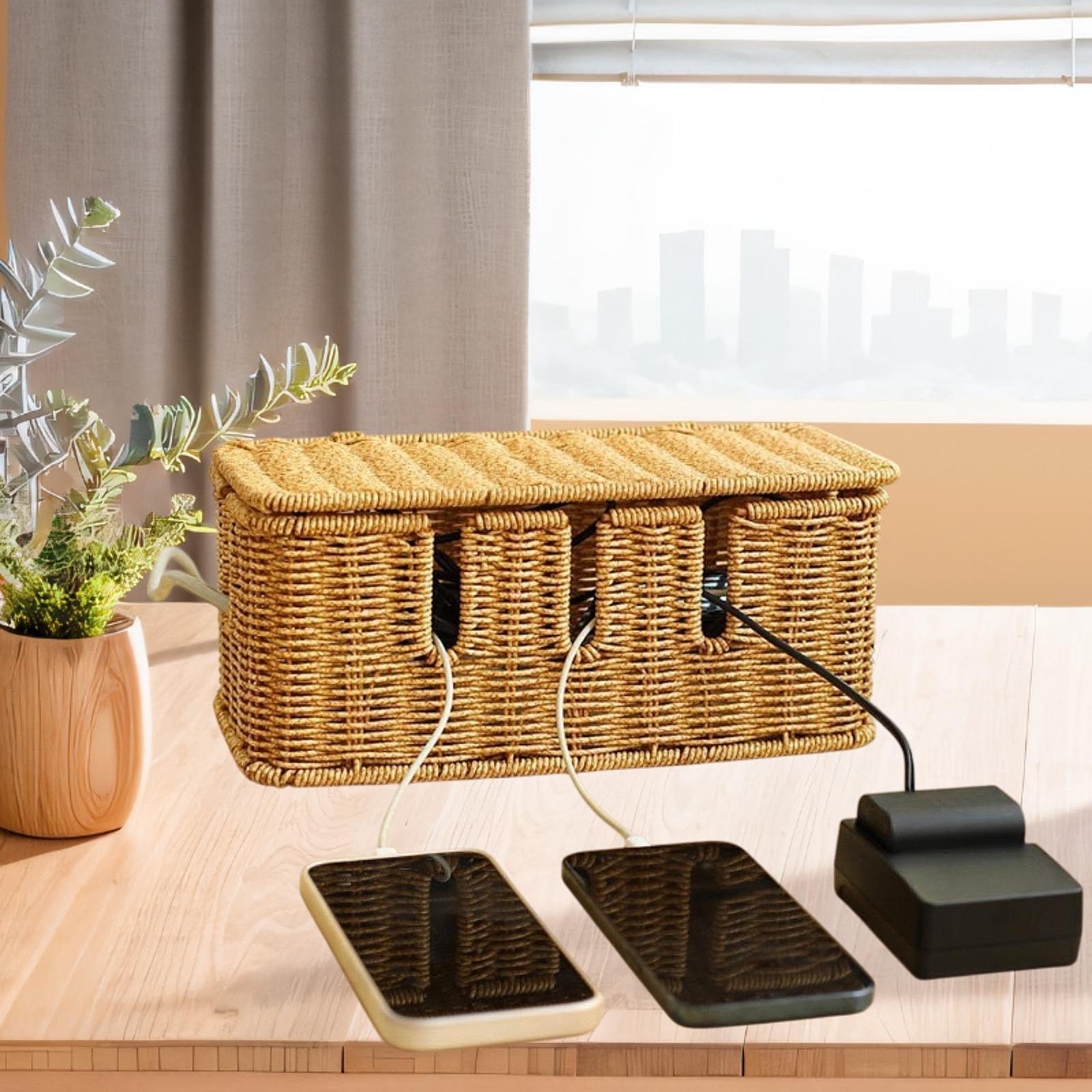 Cable Management Box Imitation Rattan Desk Storage Charger PC Cord Organizer 30.5x14x13.3cm 5Slot