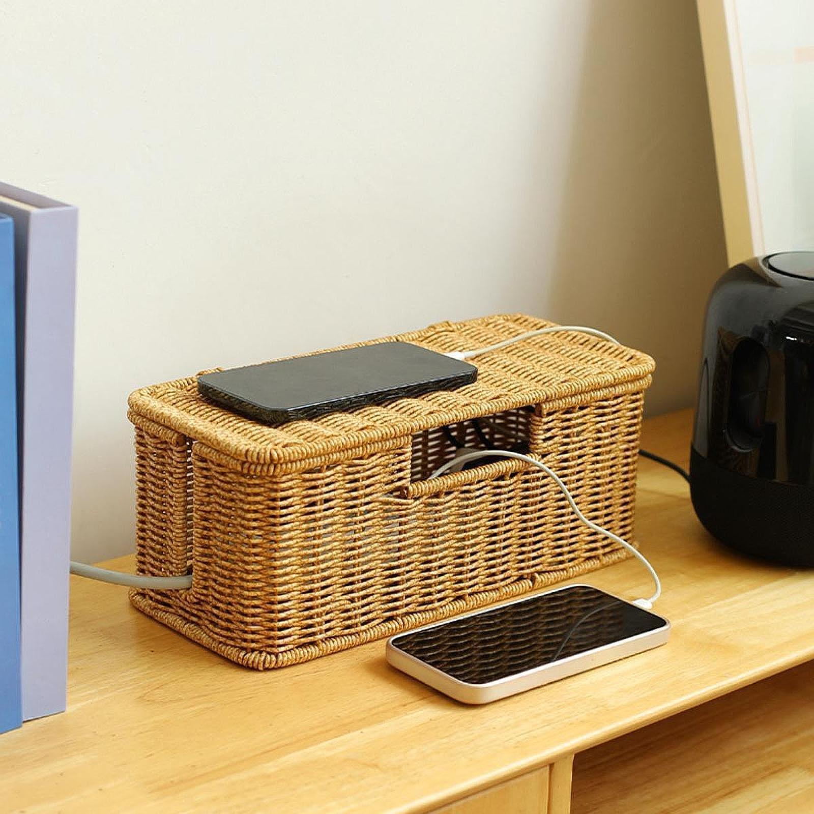 Cable Management Box Imitation Rattan Desk Storage Charger PC Cord Organizer 32x14x13cm 3 Slots
