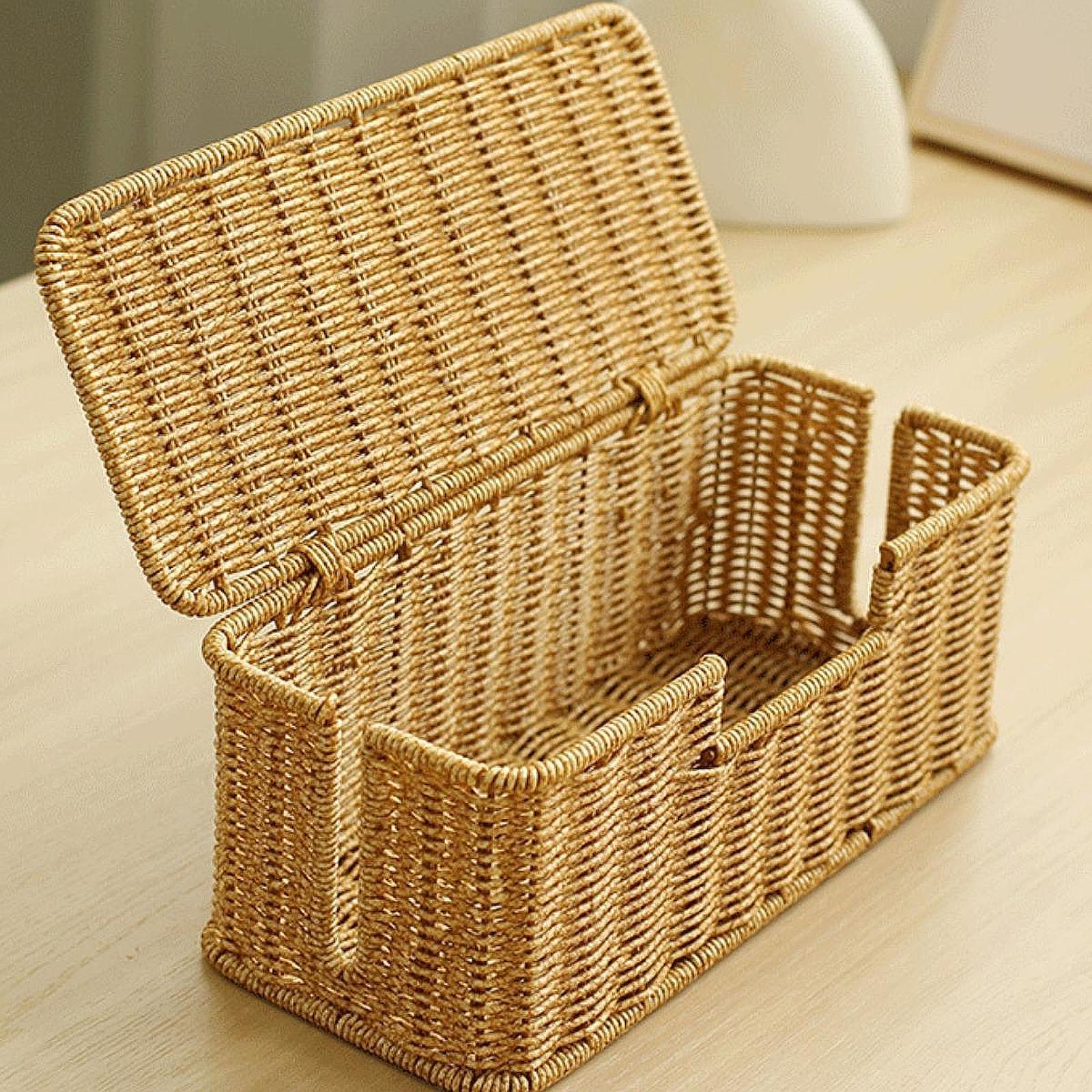 Cable Management Box Imitation Rattan Desk Storage Charger PC Cord Organizer 32x14x13cm 3 Slots