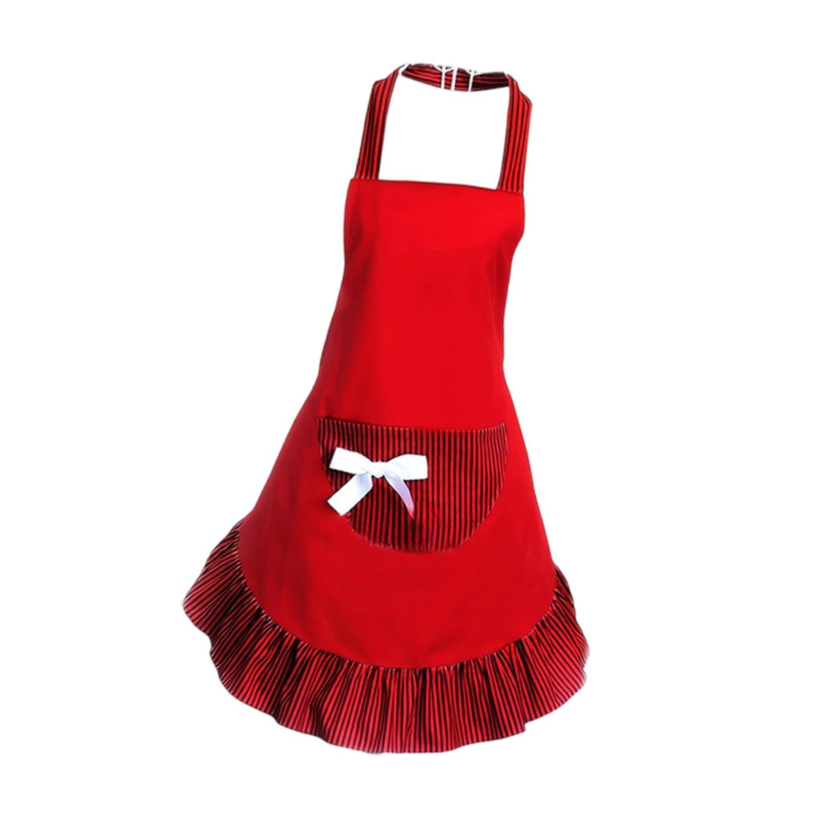 Bowknot Funny Apron Frilly Maid Ladies Cute Lovely Restaurant Vintage Design Red