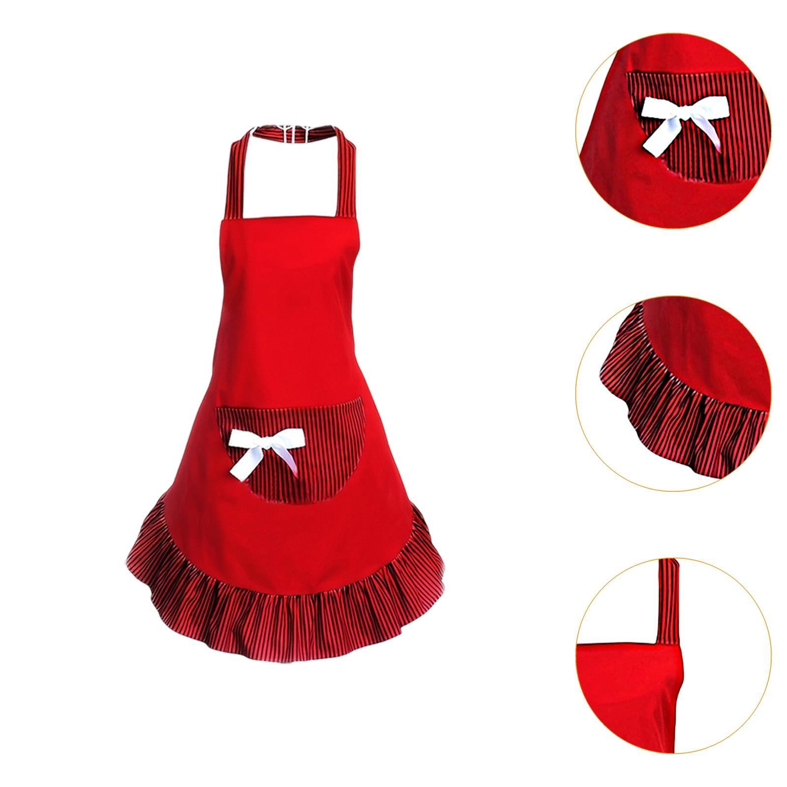 Bowknot Funny Apron Frilly Maid Ladies Cute Lovely Restaurant Vintage Design Red