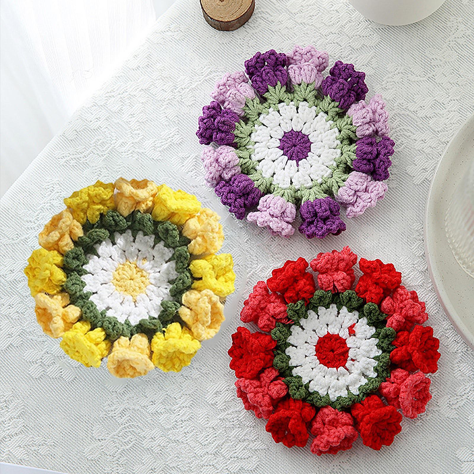 Crochet Coaster Cute Knitted Flower Coaster for Living Room Dining Room Cafe Yellow