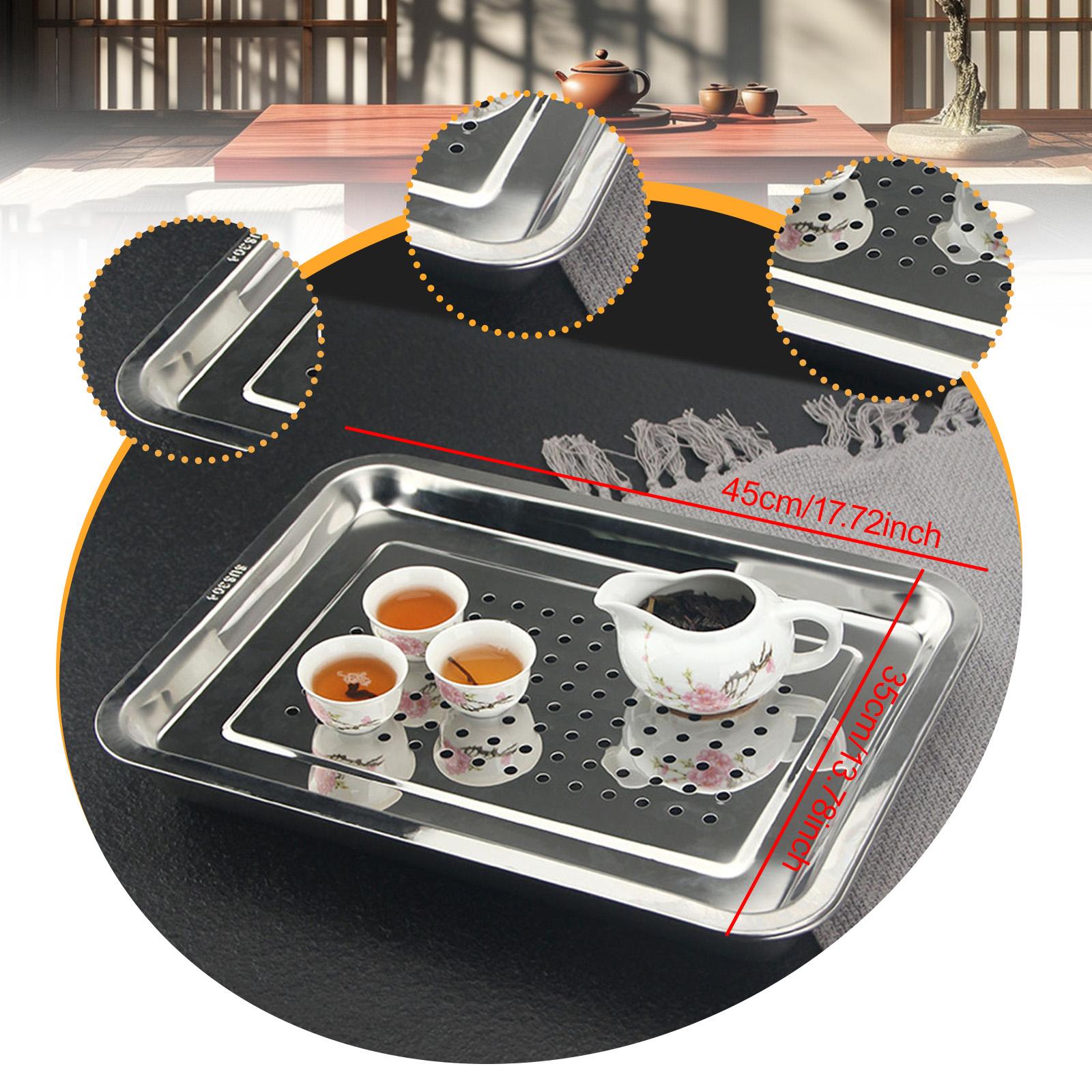 Tea Serving Tray Draining Water Stainless Steel Teacup Tray for Home Kitchen 45cmx35cm