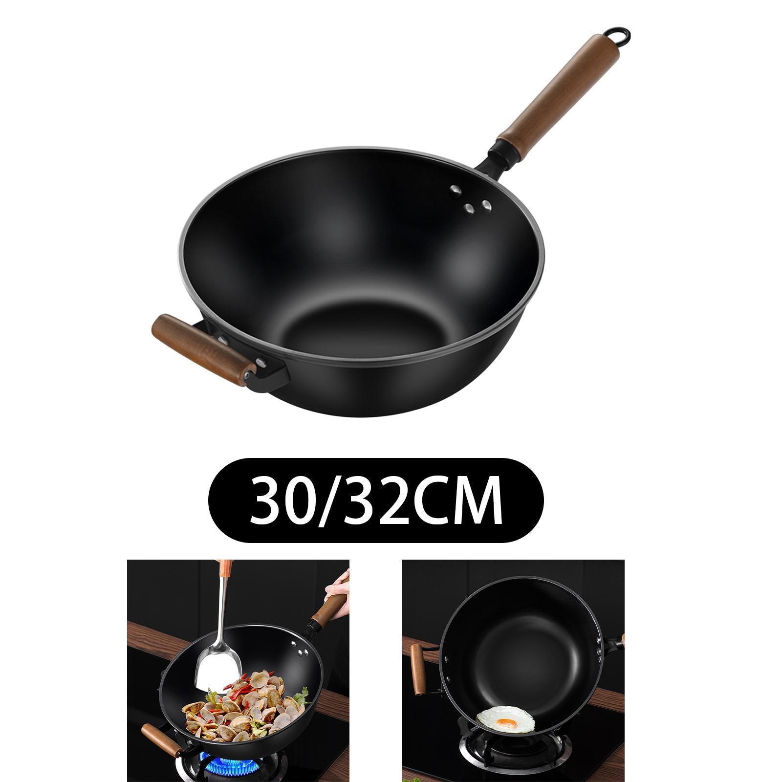 Iron Wok No Coating Cookware for Electric Induction Gas Stoves Wooden Handle Diameter 30cm