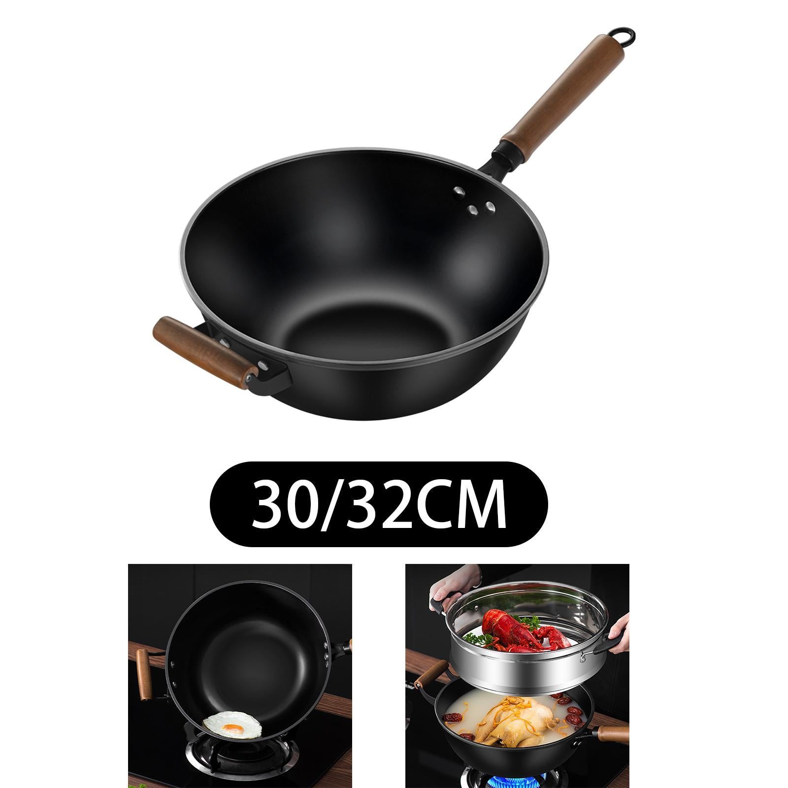 Iron Wok No Coating Cookware for Electric Induction Gas Stoves Wooden Handle Diameter 30cm