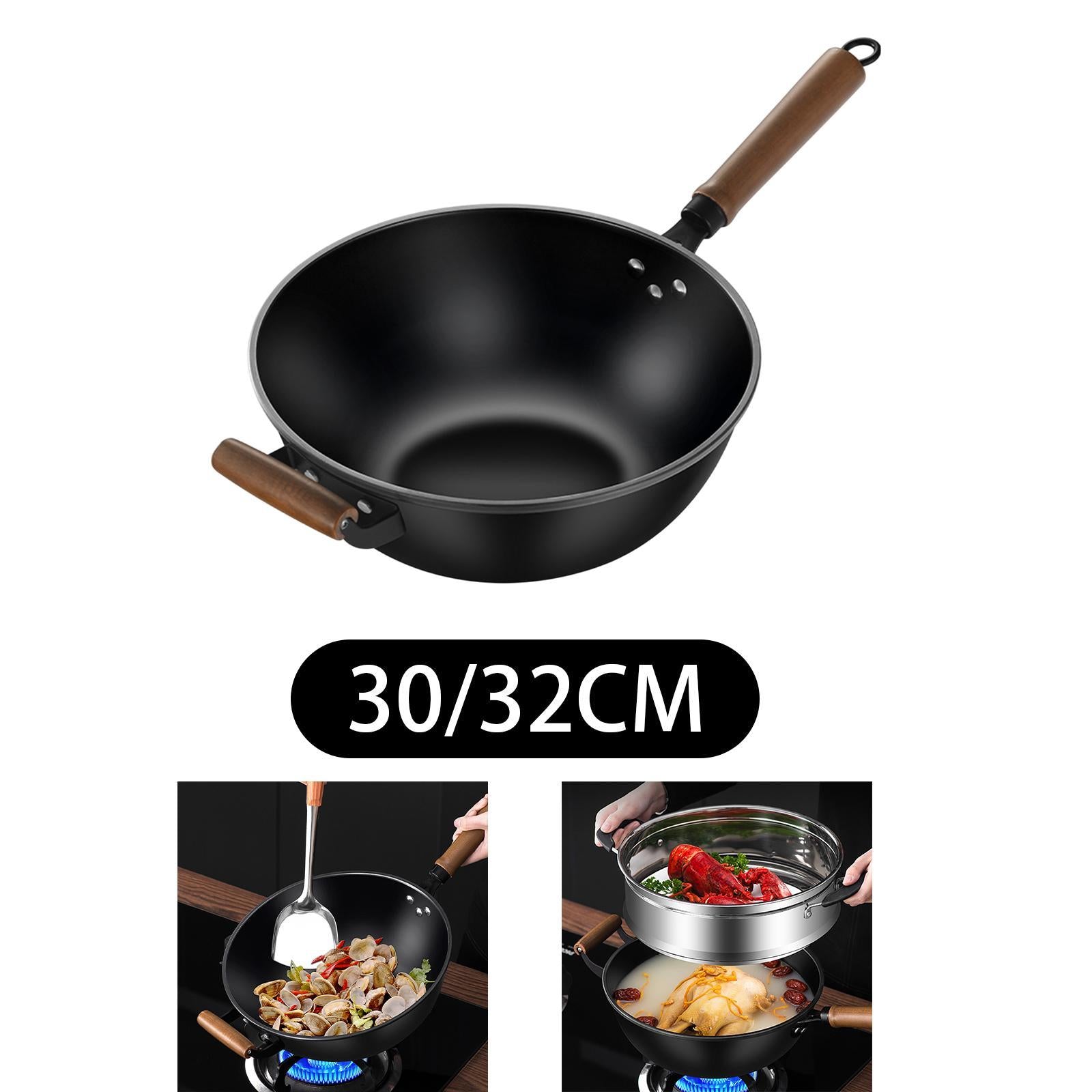 Iron Wok No Coating Cookware for Electric Induction Gas Stoves Wooden Handle Diameter 30cm