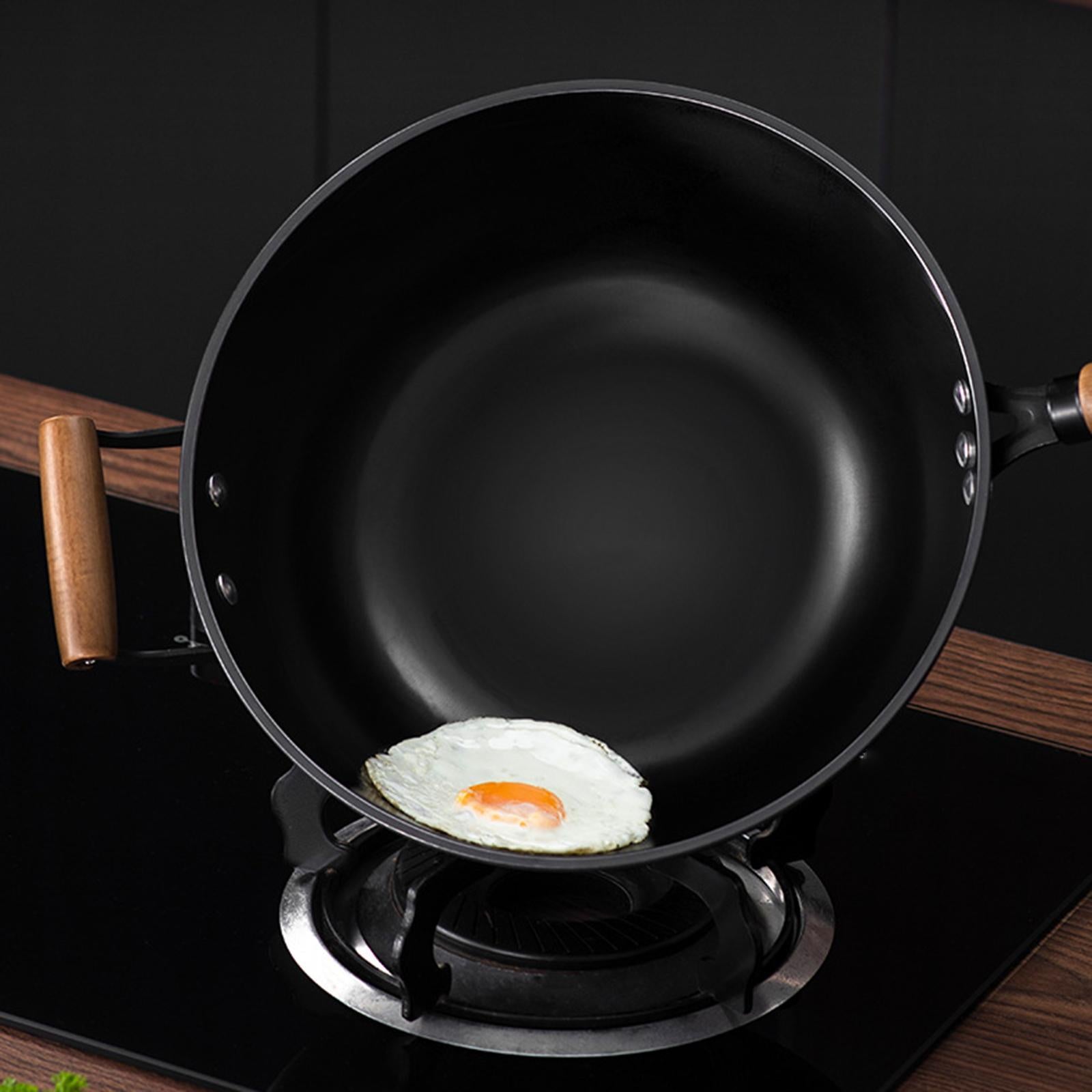 Iron Wok No Coating Cookware for Electric Induction Gas Stoves Wooden Handle Diameter 30cm