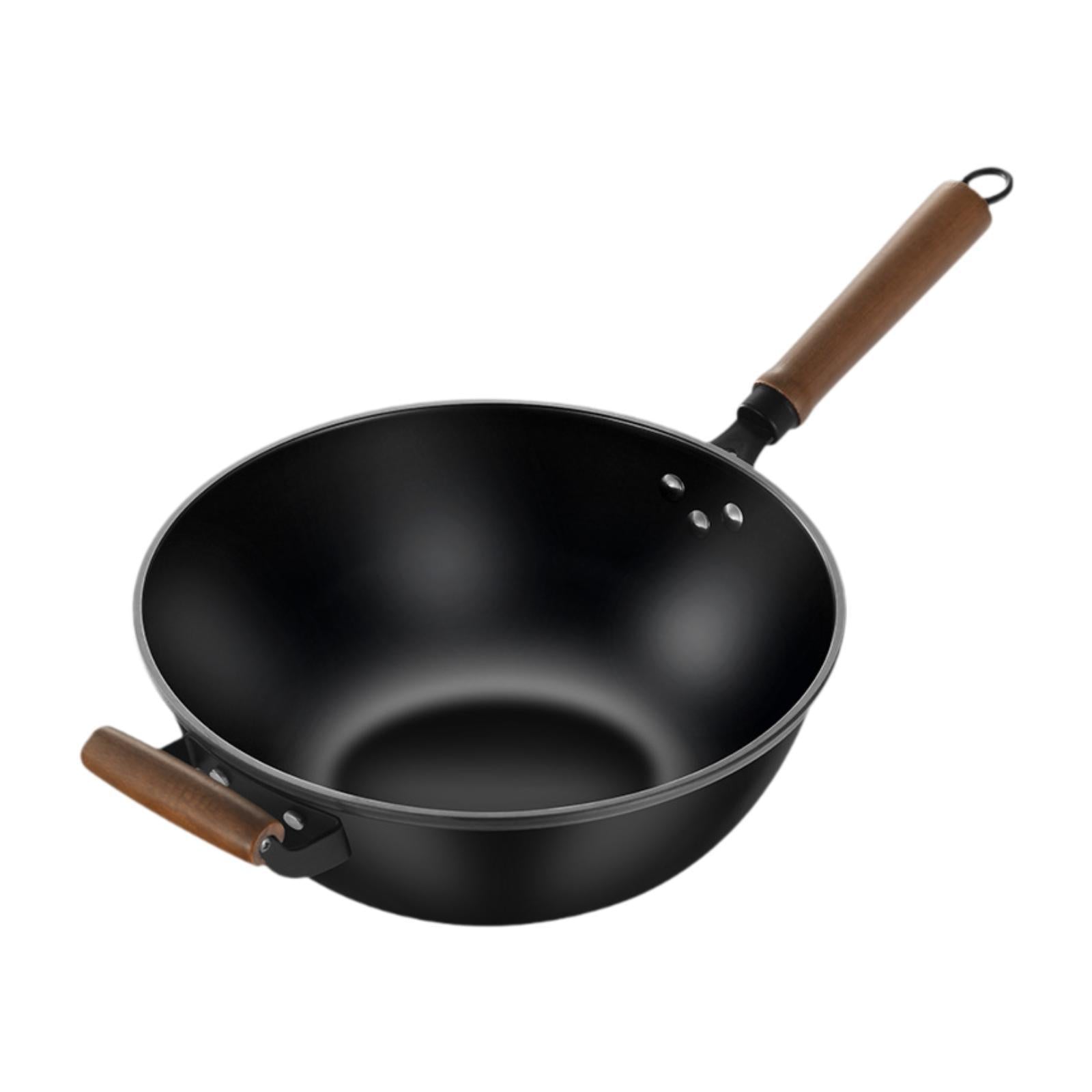 Iron Wok No Coating Cookware for Electric Induction Gas Stoves Wooden Handle Diameter 30cm