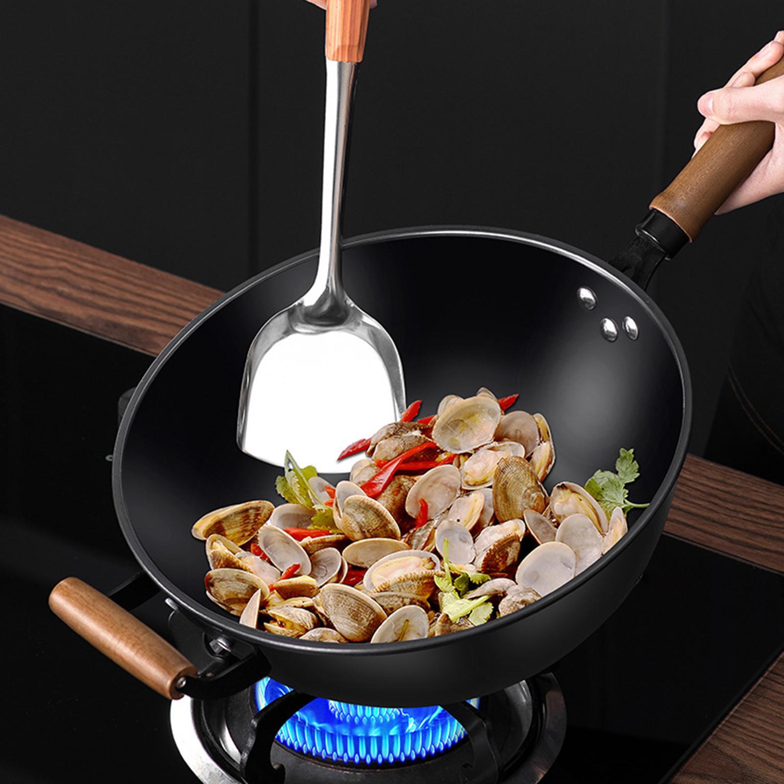 Iron Wok No Coating Cookware for Electric Induction Gas Stoves Wooden Handle Diameter 32cm