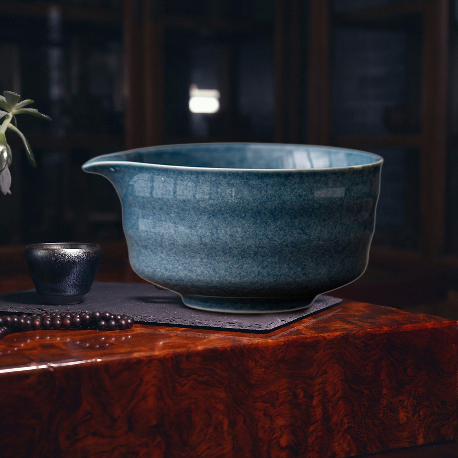 Ceramic Matcha Bowl Craft Porcelain Tea Bowl for Living Room Kitchen Desktop Dark Blue