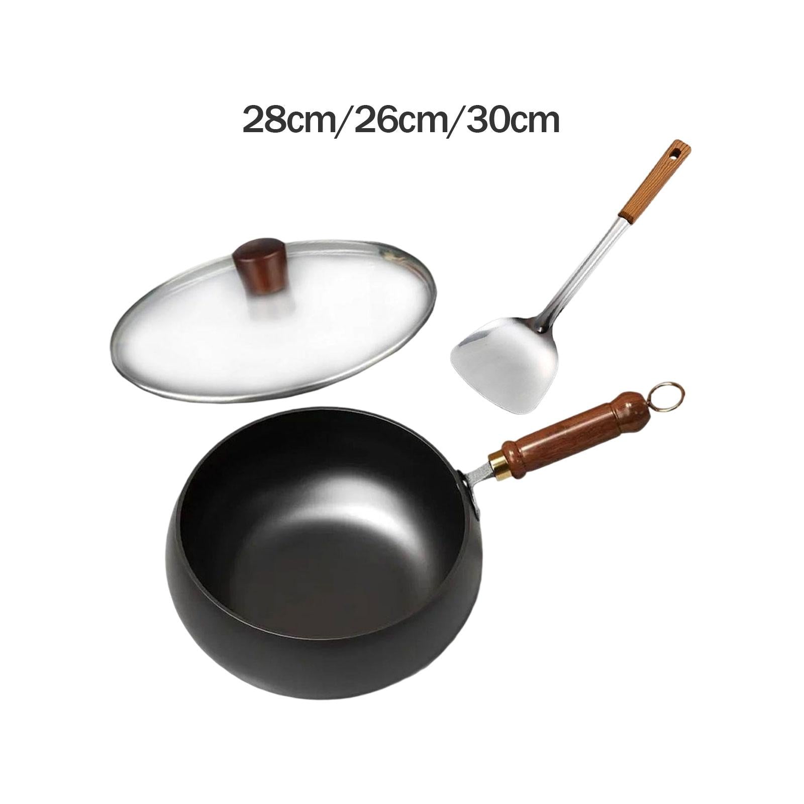 Wok Pan Ergonomic Wooden Handle No Coating Frying Pan for Home Kitchen 28 cm