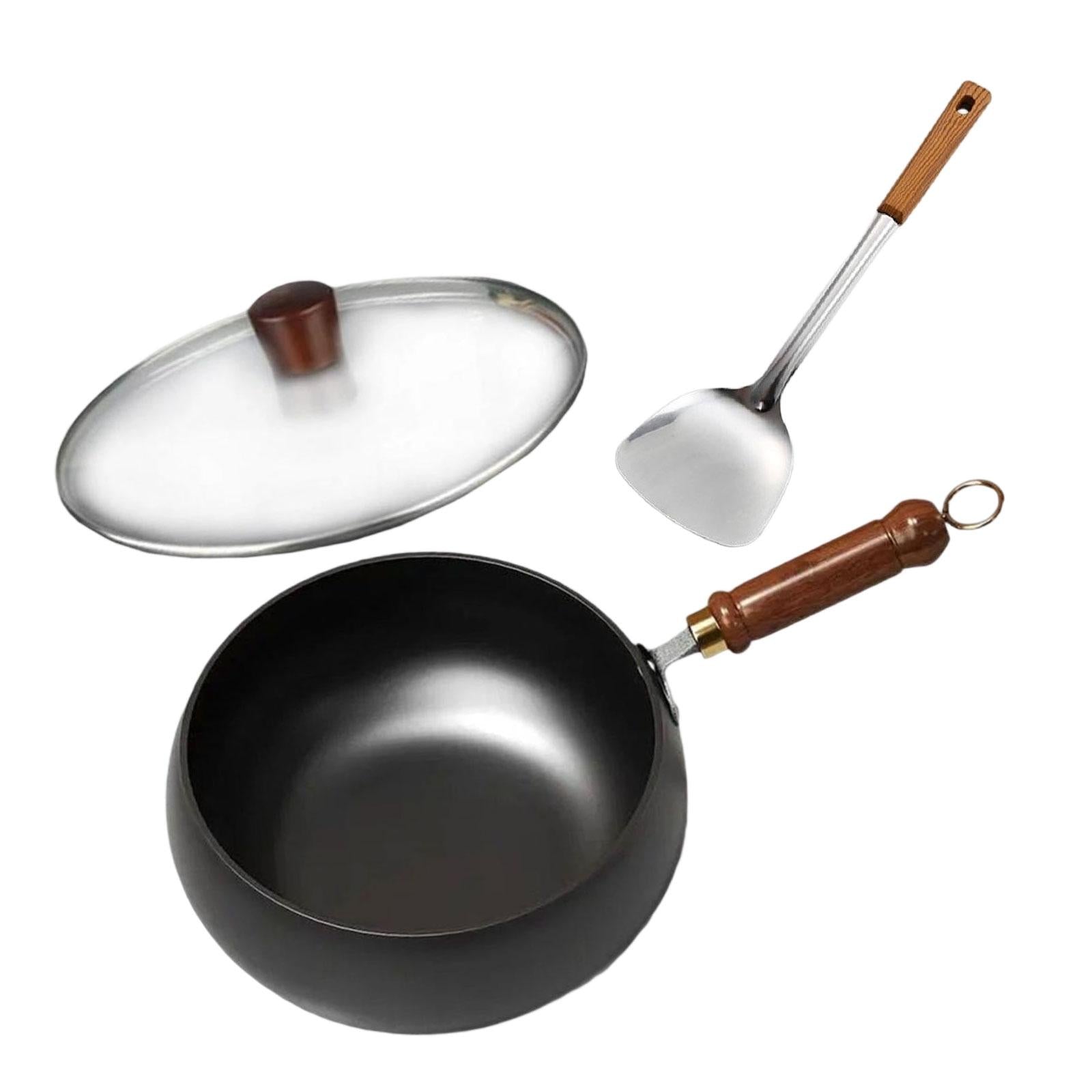 Wok Pan Ergonomic Wooden Handle No Coating Frying Pan for Home Kitchen 26 cm