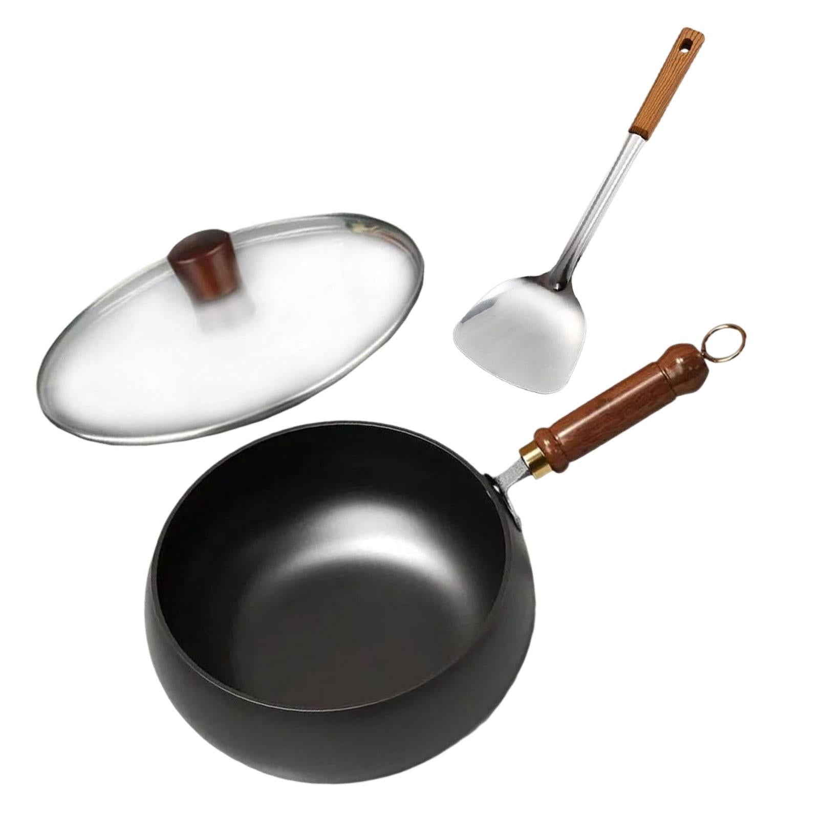 Wok Pan Ergonomic Wooden Handle No Coating Frying Pan for Home Kitchen 30 cm