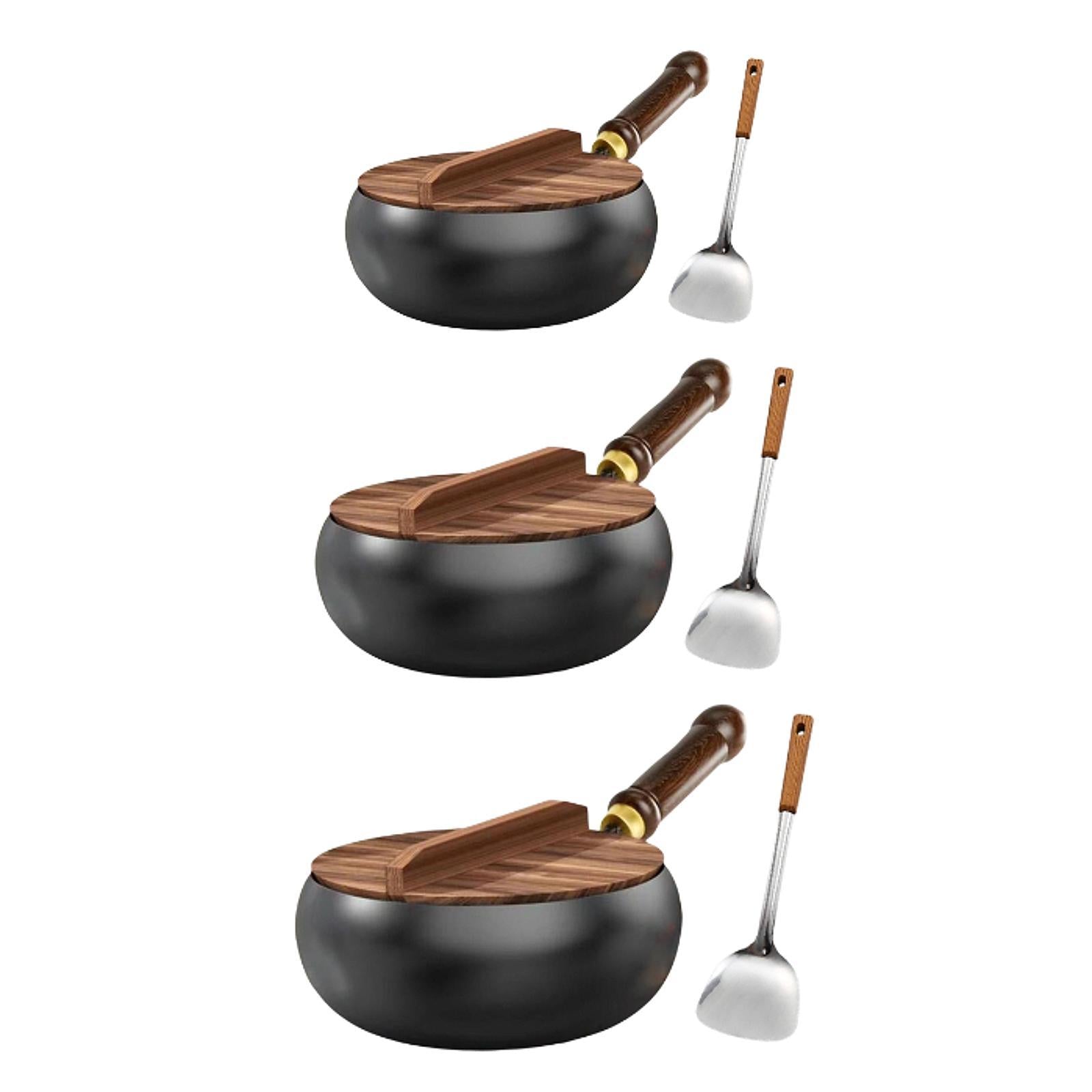 Iron Wok Pan with Lid and Spatula Chinese Wok for Camping Kitchen Restaurant 26cm