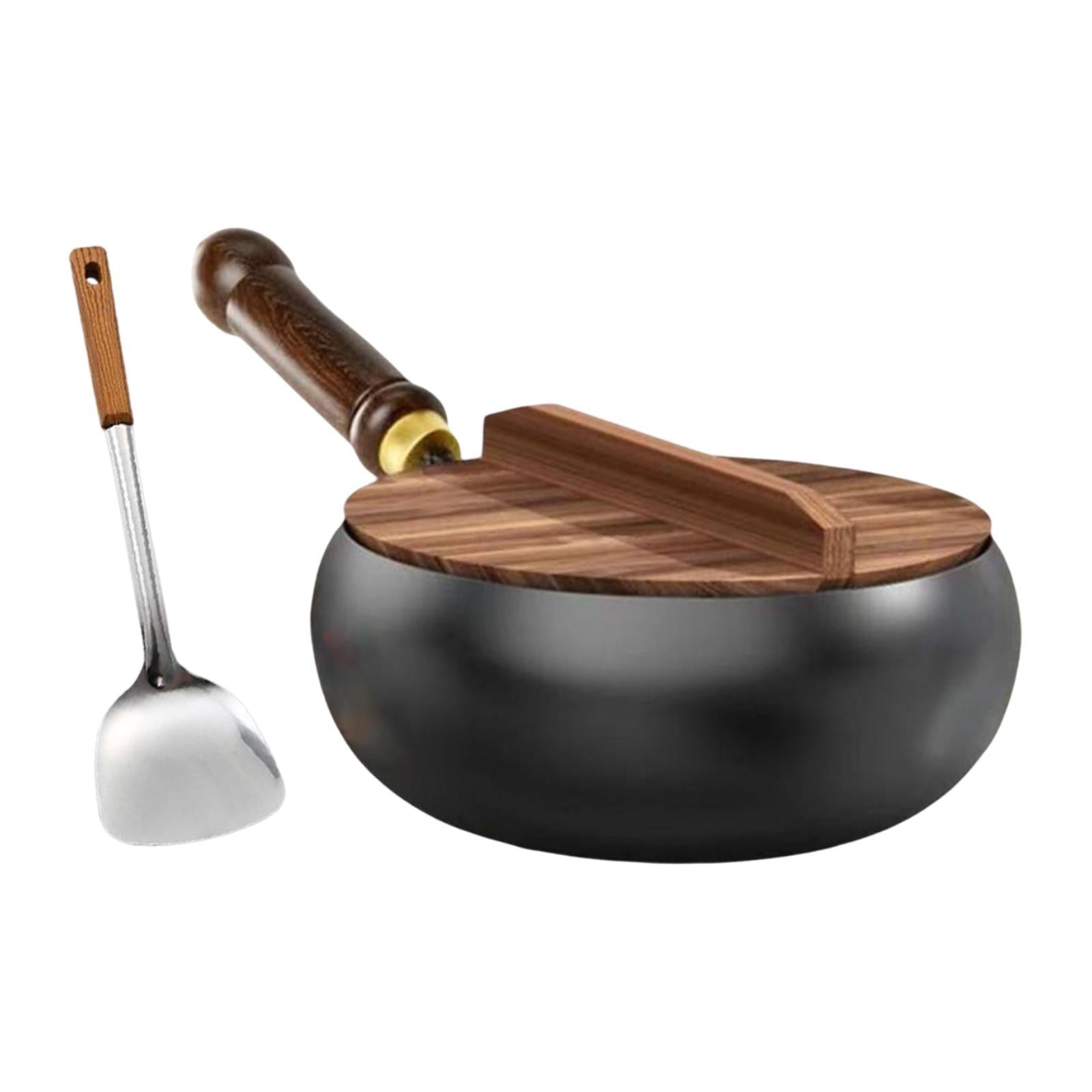 Iron Wok Pan with Lid and Spatula Chinese Wok for Camping Kitchen Restaurant 28cm