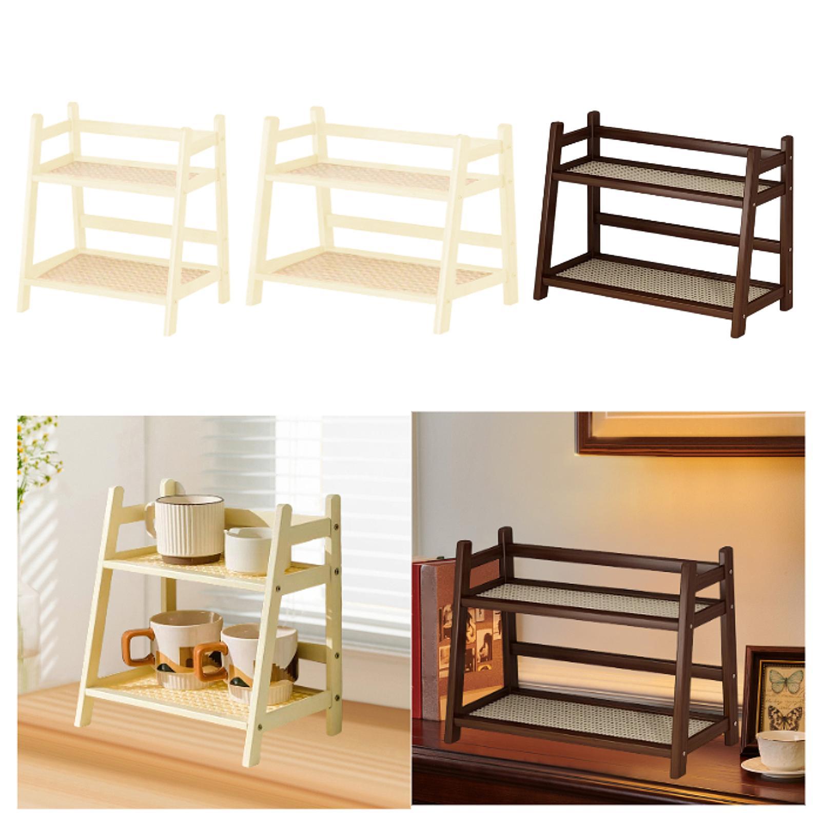 Bamboo Double Layer Rack Mug Holder Desk Storage Shelf for Hotel Dining Room M Brown