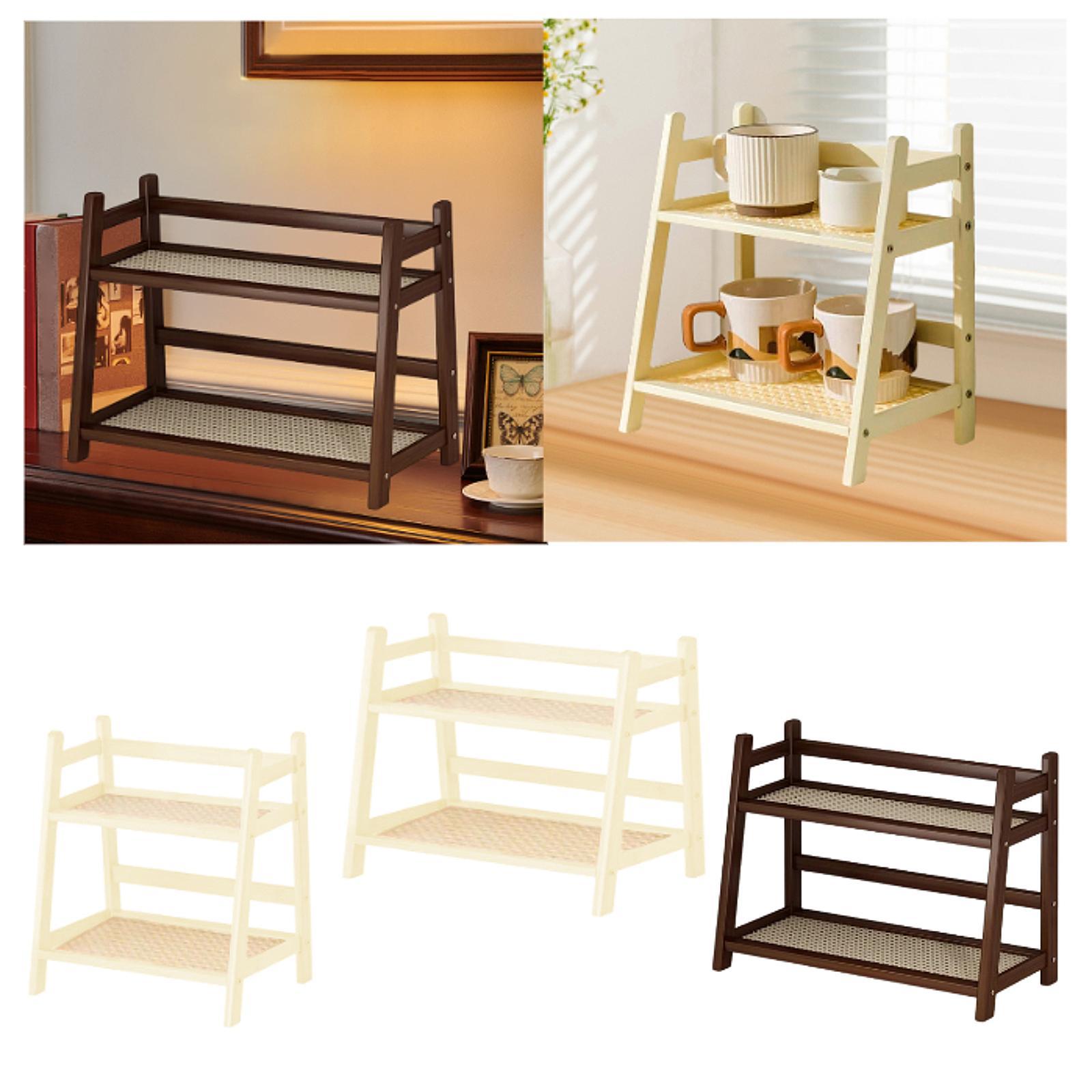 Bamboo Double Layer Rack Mug Holder Desk Storage Shelf for Hotel Dining Room M Brown