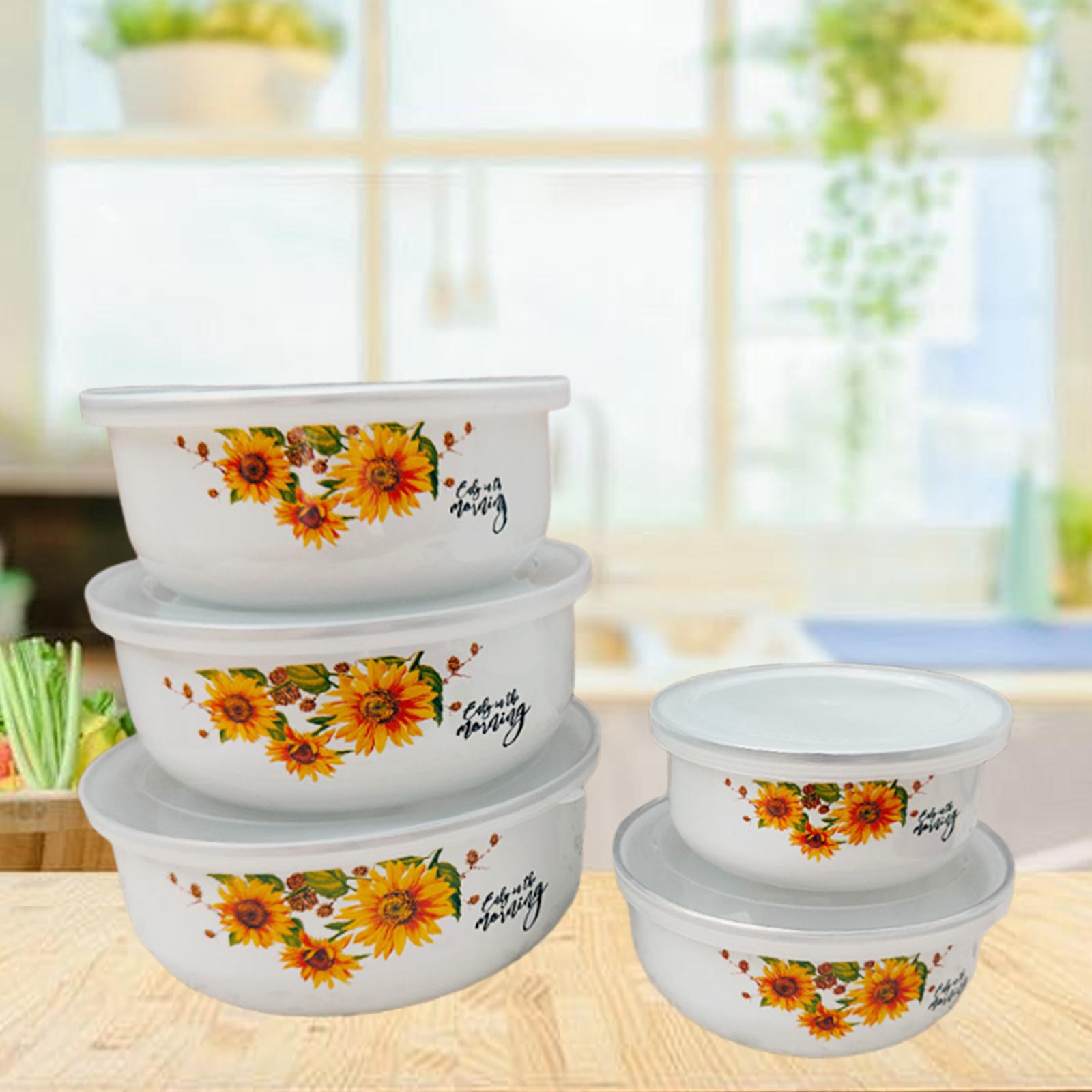 5 Pieces Enamel Bowls with Lids Nesting Bowls Set for Prepping Biscuits Rice Orange